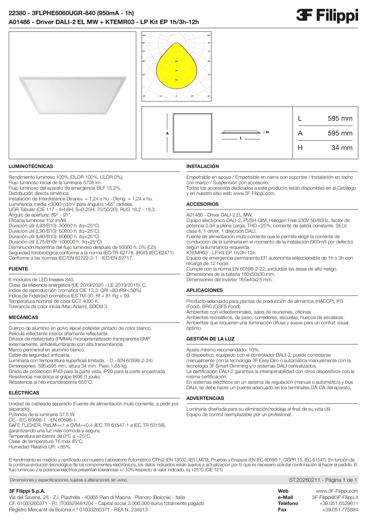 22380+A01486+KTEMR03 - 3FLPHE6060UGR-840 (950mA - 1h) + DALI-2 EL MW + Kit EP 1h-3h - Datasheet - es