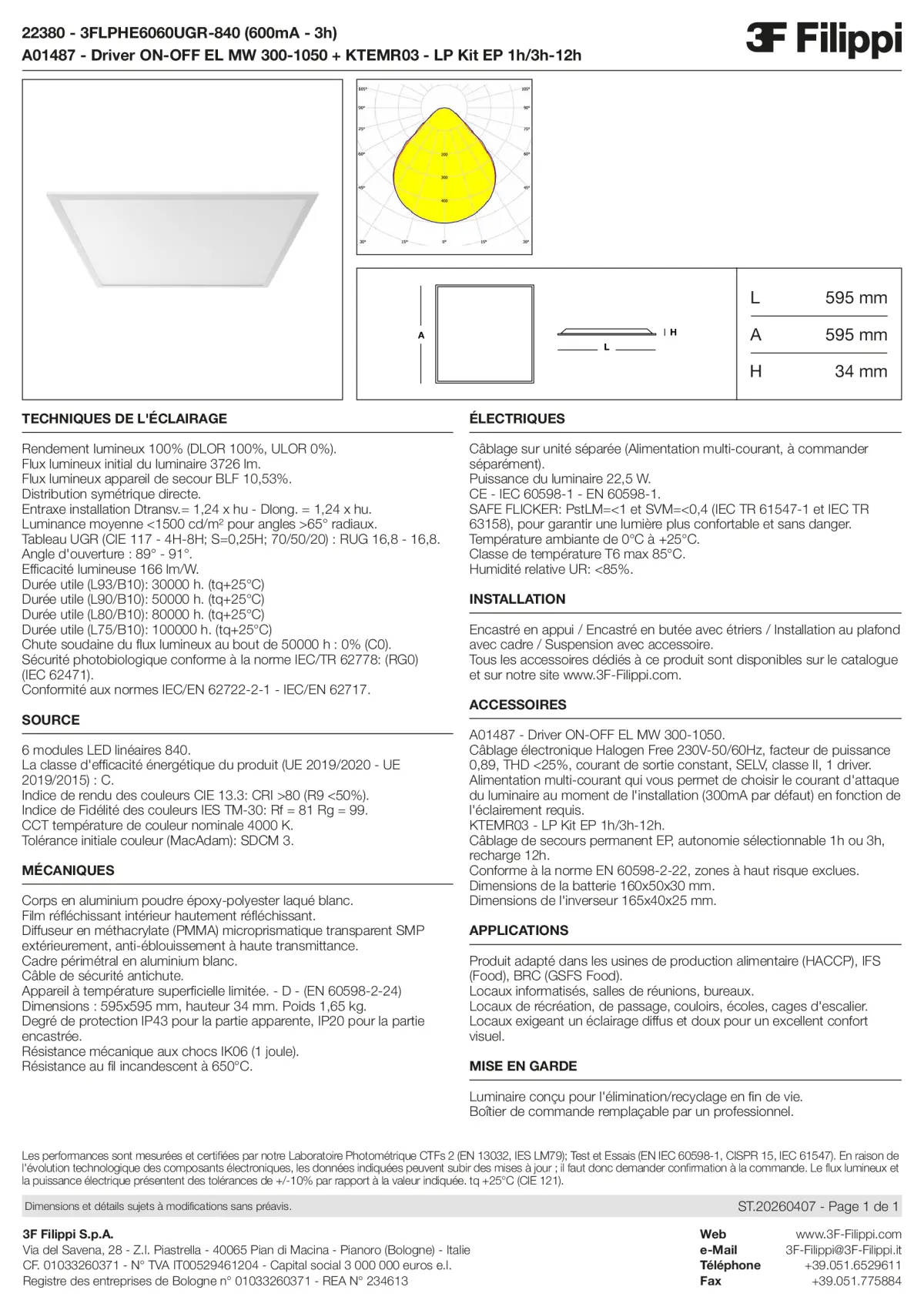 22380+A01487+KTEMR03 - 3FLPHE6060UGR-840 (600mA - 3h) + ON-OFF EL MW 300-1050 + Kit EP 1h-3h - Datasheet - fr