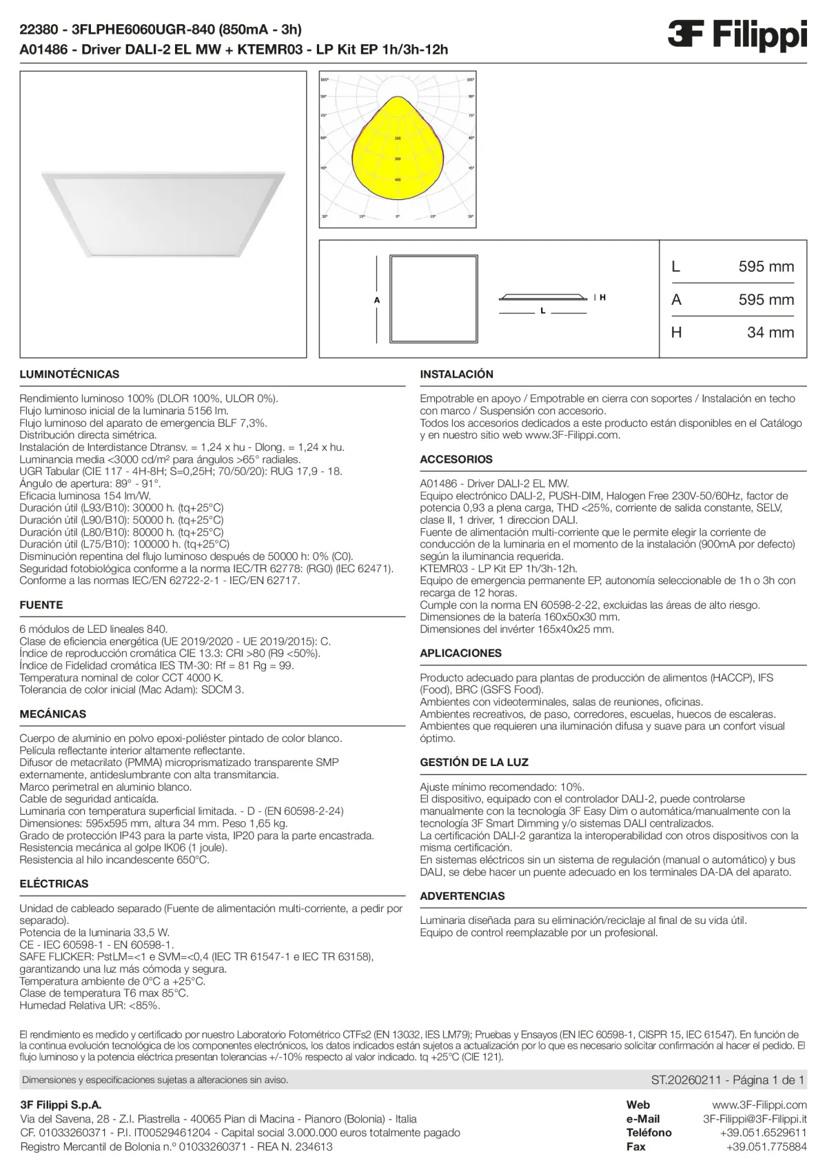 22380+A01486+KTEMR03 - 3FLPHE6060UGR-840 (850mA - 3h) + DALI-2 EL MW + Kit EP 1h-3h - Datasheet - es