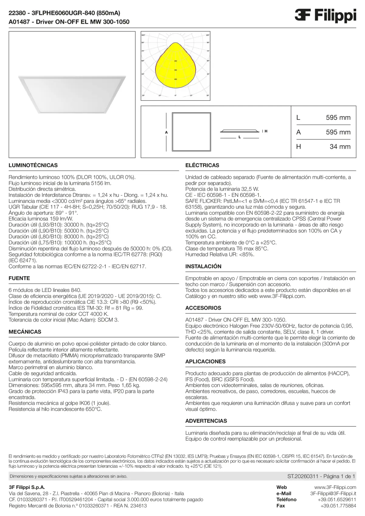 22380+A01487 - 3FLPHE6060UGR-840 (850mA) + ON-OFF EL MW 300-1050 - Datasheet - es