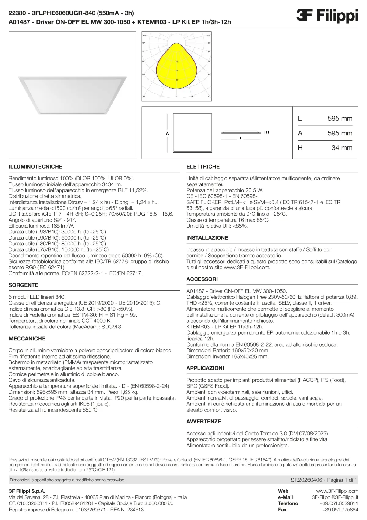 22380+A01487+KTEMR03 - 3FLPHE6060UGR-840 (550mA - 3h) + ON-OFF EL MW 300-1050 + Kit EP 1h-3h - Datasheet - it