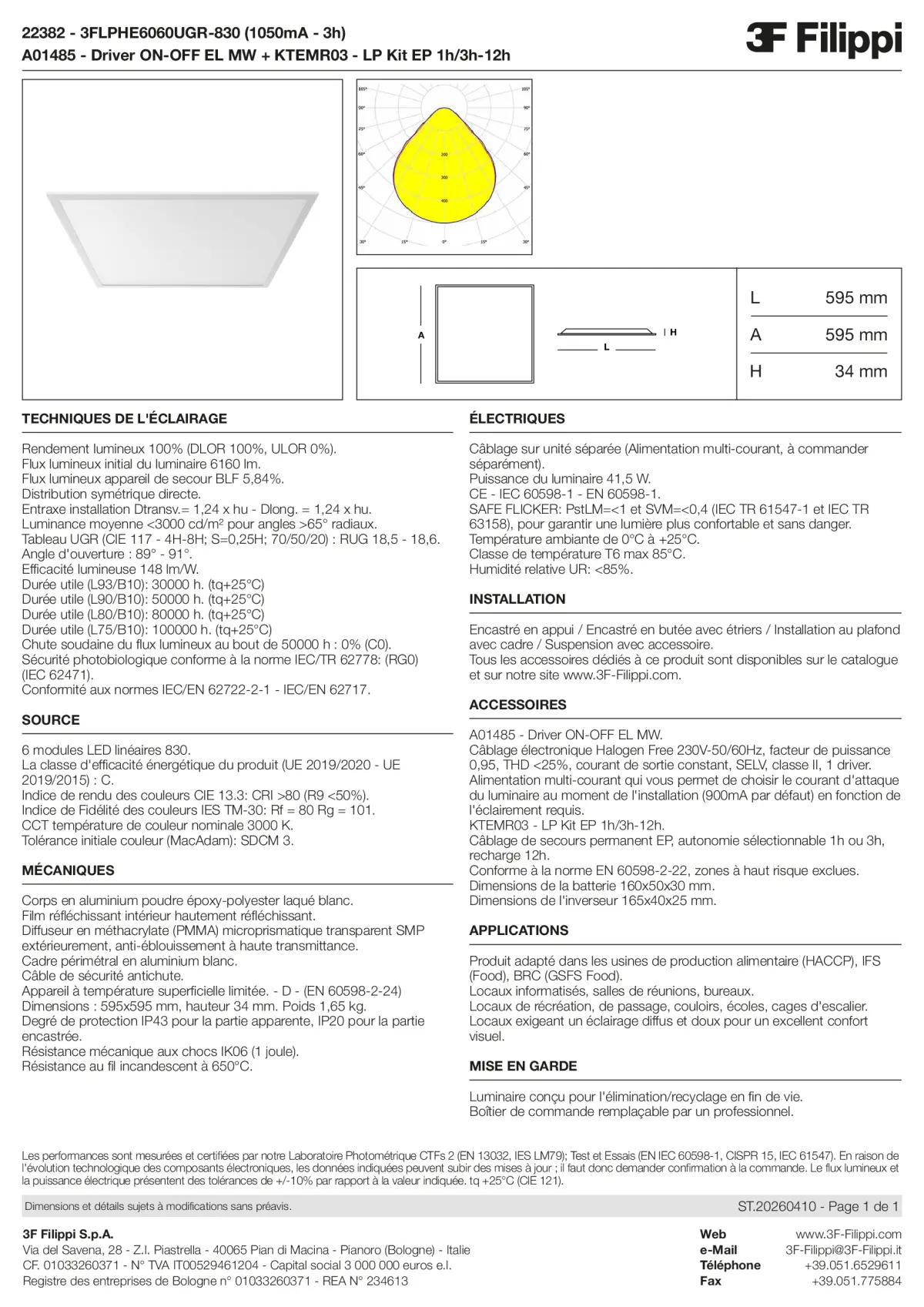 22382+A01485+KTEMR03 - 3FLPHE6060UGR-830 (1050mA - 3h) + ON-OFF EL MW + Kit EP 1h-3h - Datasheet - fr