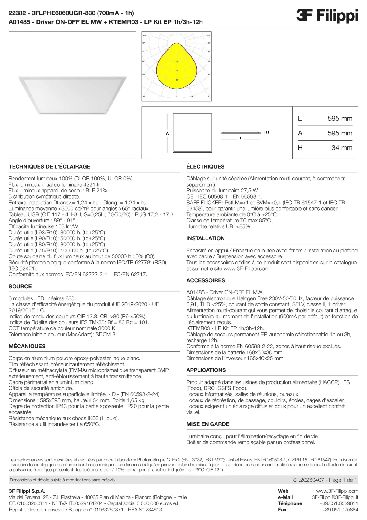 22382+A01485+KTEMR03 - 3FLPHE6060UGR-830 (700mA - 1h) + ON-OFF EL MW + Kit EP 1h-3h - Datasheet - fr