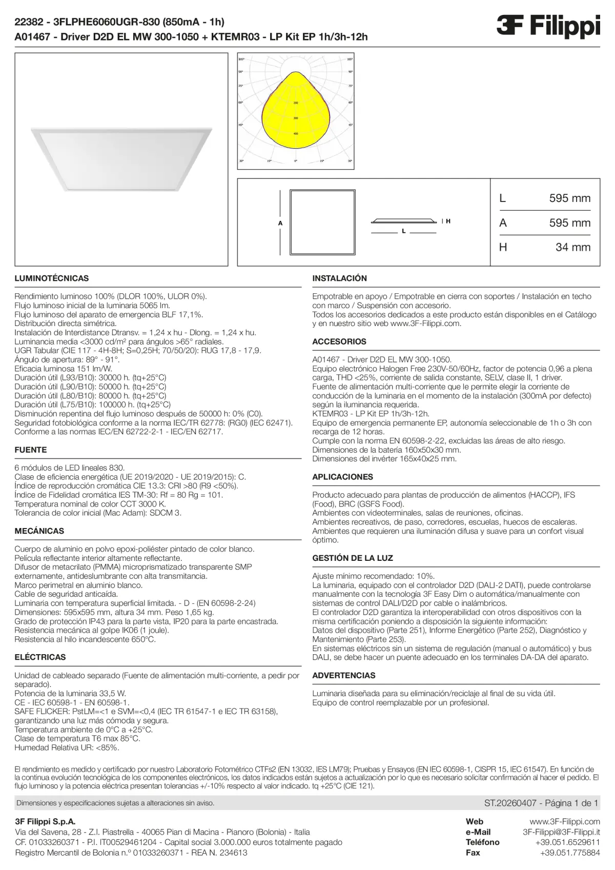 22382+A01467+KTEMR03 - 3FLPHE6060UGR-830 (850mA - 1h) + D2D EL MW 300-1050 + Kit EP 1h-3h - Datasheet - es