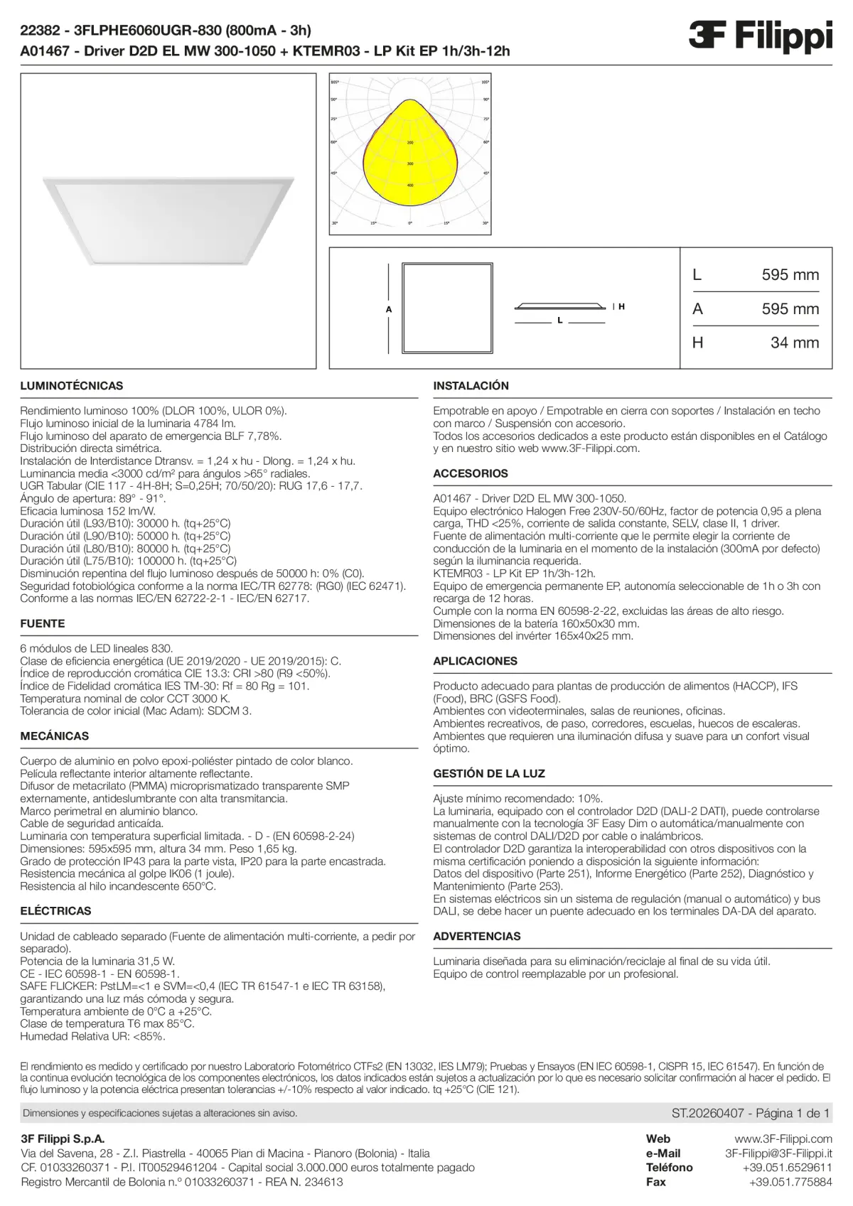 22382+A01467+KTEMR03 - 3FLPHE6060UGR-830 (800mA - 3h) + D2D EL MW 300-1050 + Kit EP 1h-3h - Datasheet - es