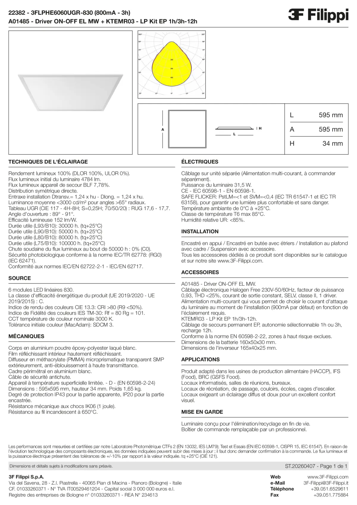 22382+A01485+KTEMR03 - 3FLPHE6060UGR-830 (800mA - 3h) + ON-OFF EL MW + Kit EP 1h-3h - Datasheet - fr