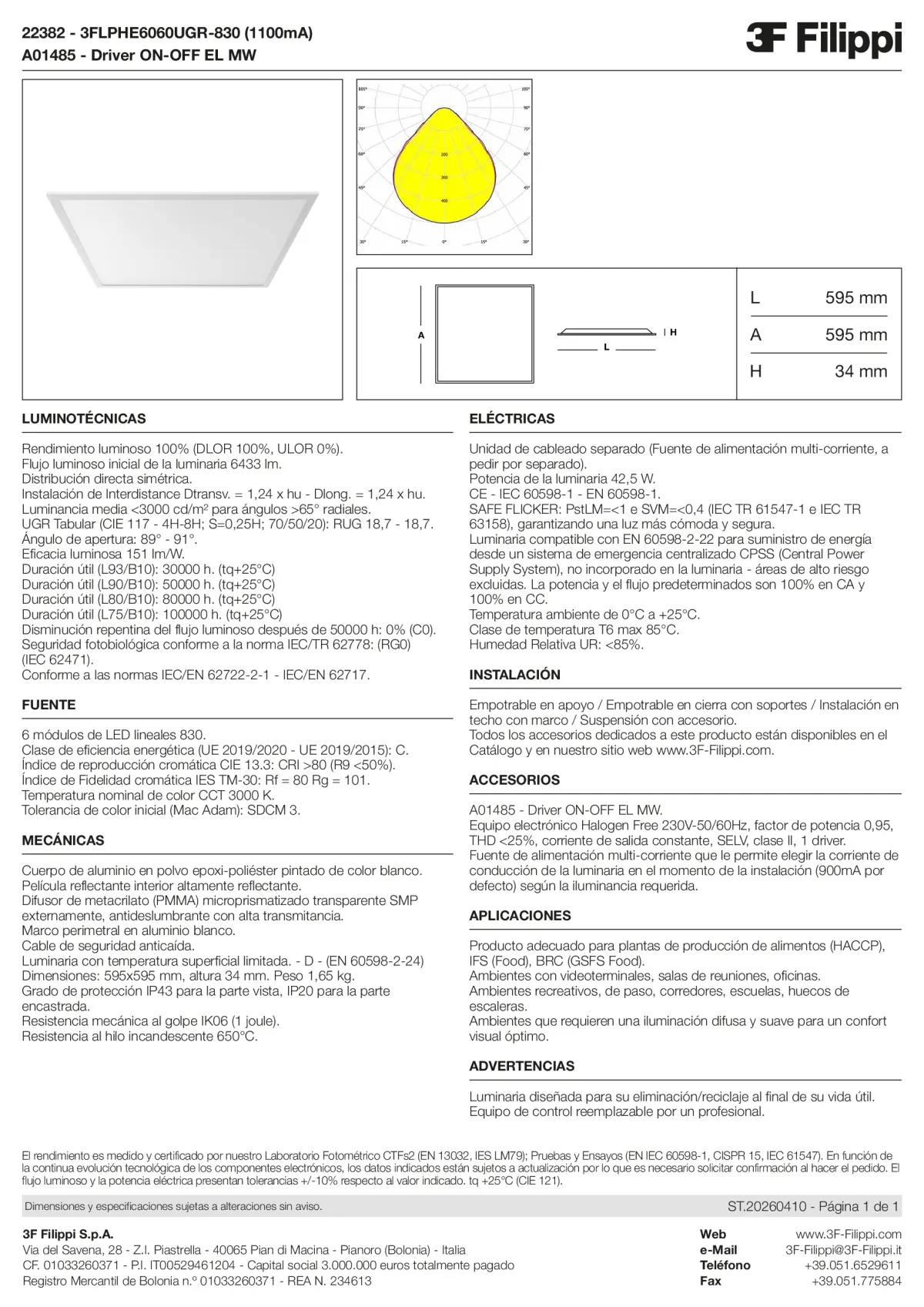 22382+A01485 - 3FLPHE6060UGR-830 (1100mA) + ON-OFF EL MW - Datasheet - es