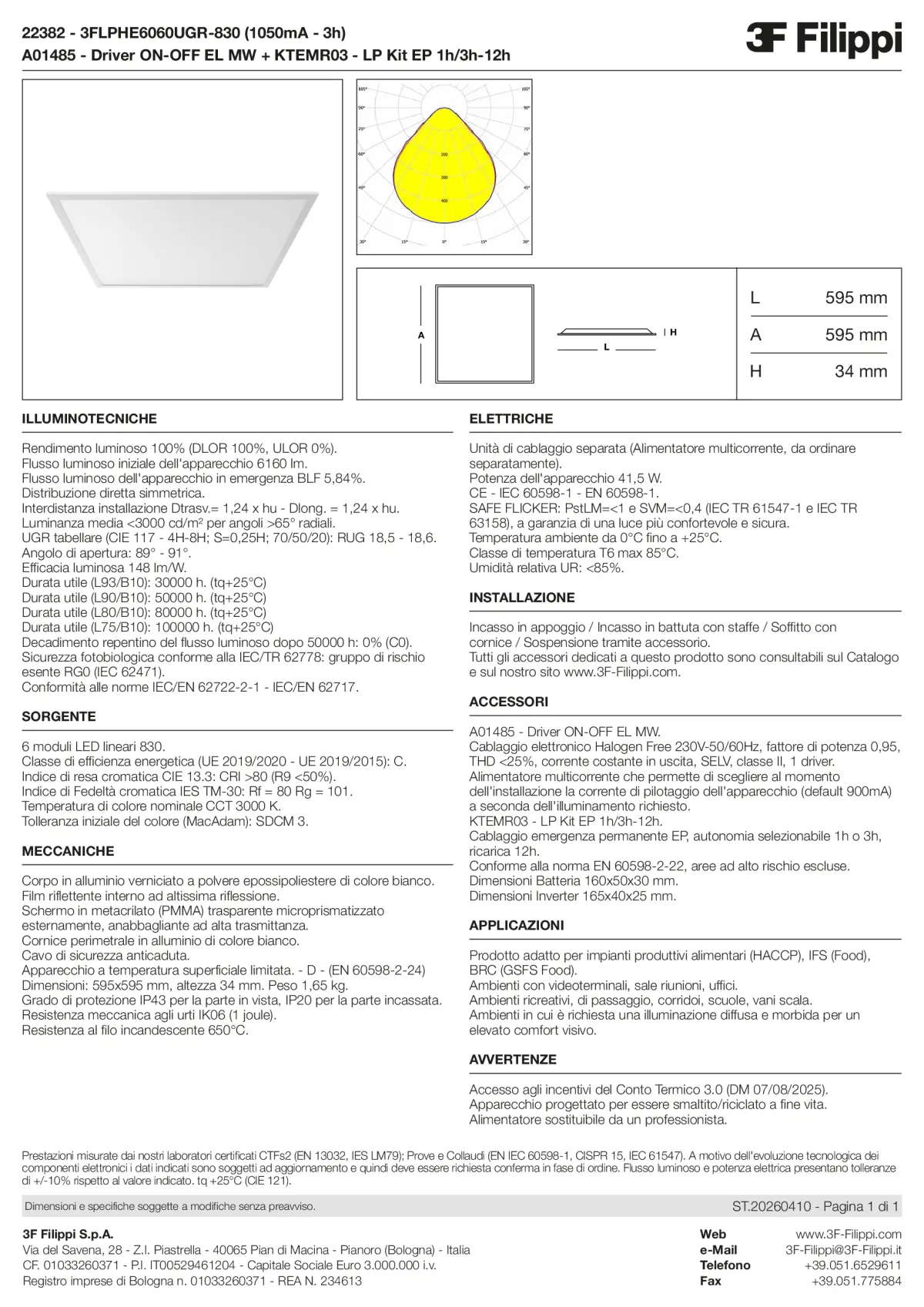 22382+A01485+KTEMR03 - 3FLPHE6060UGR-830 (1050mA - 3h) + ON-OFF EL MW + Kit EP 1h-3h - Datasheet - it