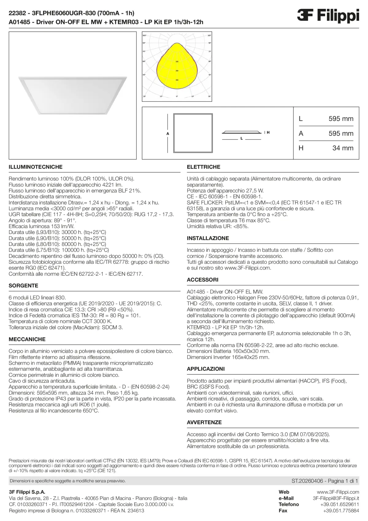 22382+A01485+KTEMR03 - 3FLPHE6060UGR-830 (700mA - 1h) + ON-OFF EL MW + Kit EP 1h-3h - Datasheet - it