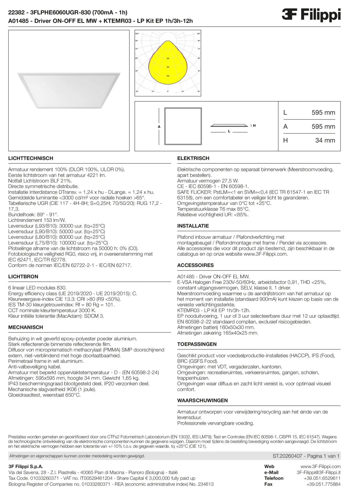 22382+A01485+KTEMR03 - 3FLPHE6060UGR-830 (700mA - 1h) + ON-OFF EL MW + Kit EP 1h-3h - Datasheet - nl