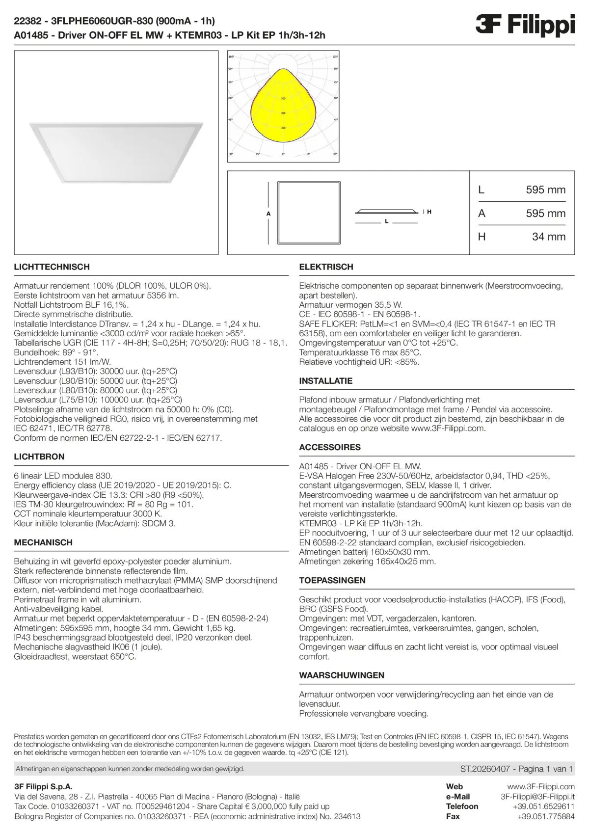 22382+A01485+KTEMR03 - 3FLPHE6060UGR-830 (900mA - 1h) + ON-OFF EL MW + Kit EP 1h-3h - Datasheet - nl