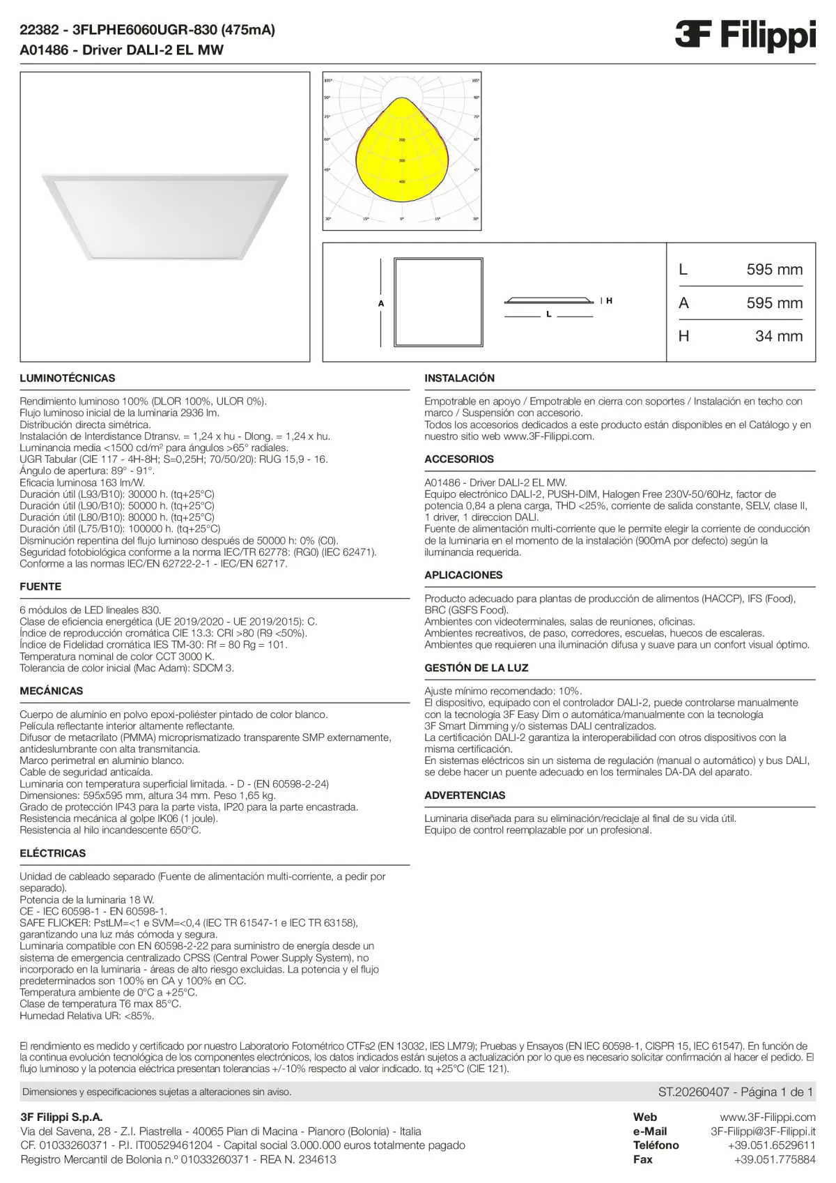 22382+A01486 - 3FLPHE6060UGR-830 (475mA) + DALI-2 EL MW - Datasheet - es