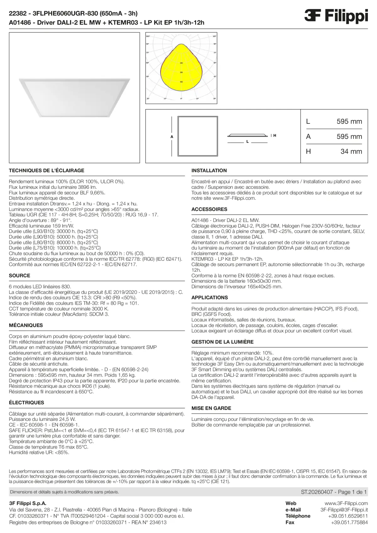 22382+A01486+KTEMR03 - 3FLPHE6060UGR-830 (650mA - 3h) + DALI-2 EL MW + Kit EP 1h-3h - Datasheet - fr