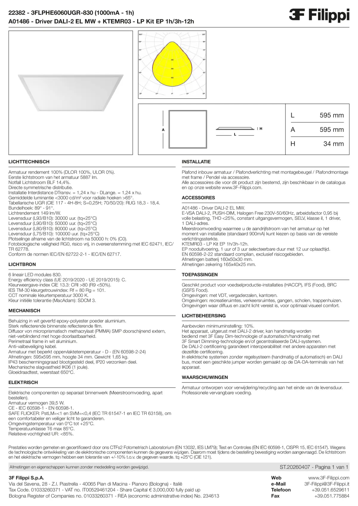 22382+A01486+KTEMR03 - 3FLPHE6060UGR-830 (1000mA - 1h) + DALI-2 EL MW + Kit EP 1h-3h - Datasheet - nl