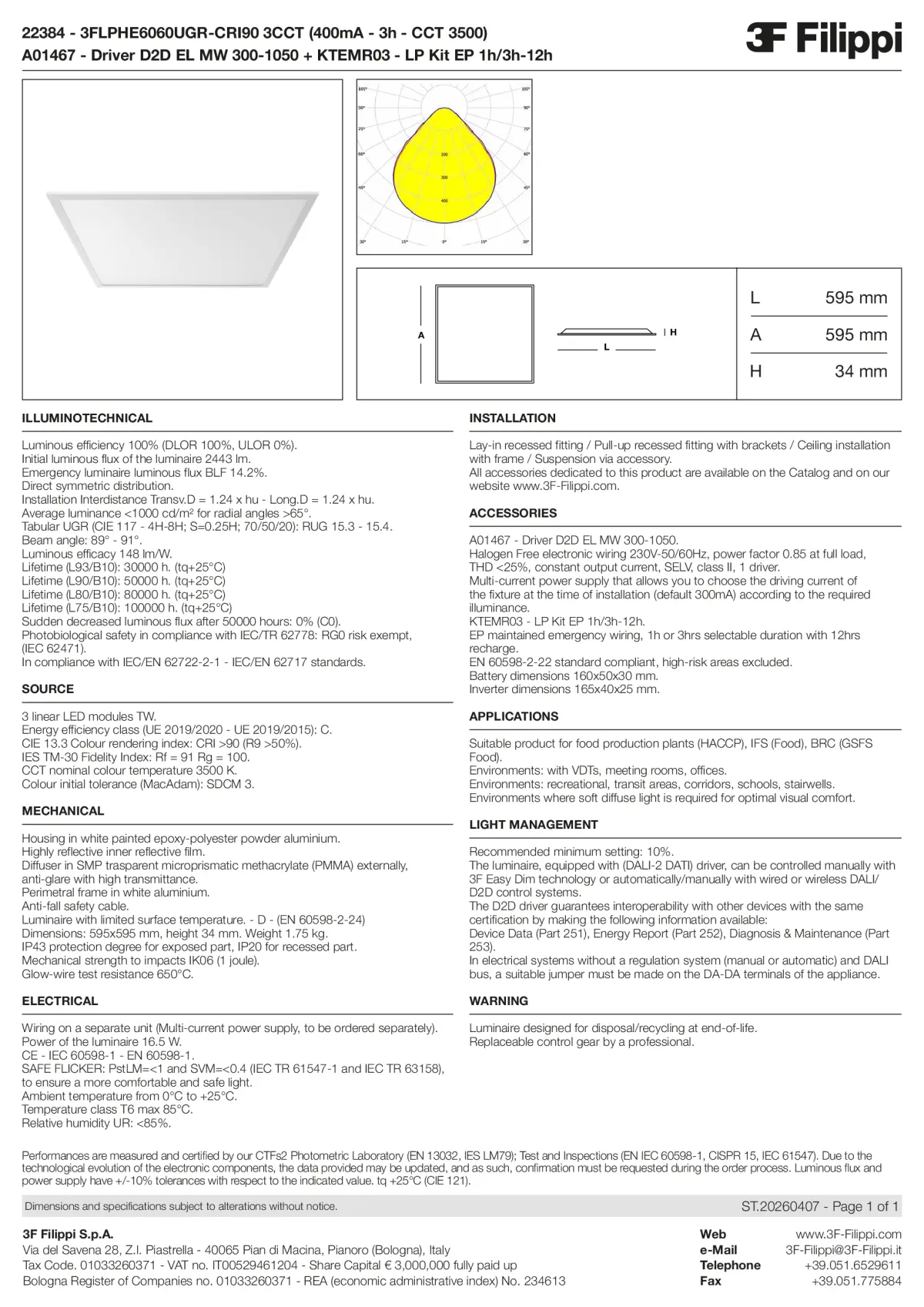 22384+A01467+KTEMR03 - 3FLPHE6060UGR-CRI90 3CCT (400mA - 3h - CCT 3500) + D2D EL MW 300-1050 + Kit EP 1h-3h - Datasheet - en