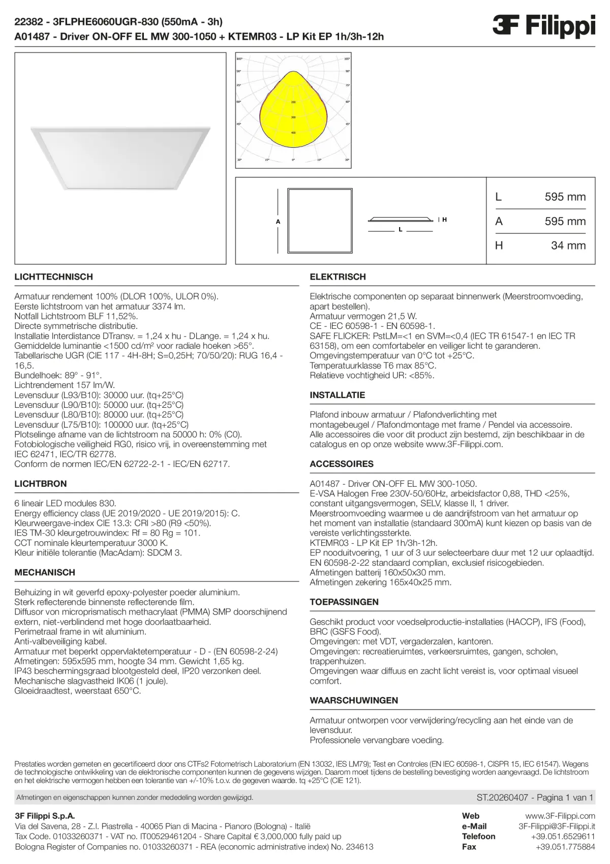 22382+A01487+KTEMR03 - 3FLPHE6060UGR-830 (550mA - 3h) + ON-OFF EL MW 300-1050 + Kit EP 1h-3h - Datasheet - nl