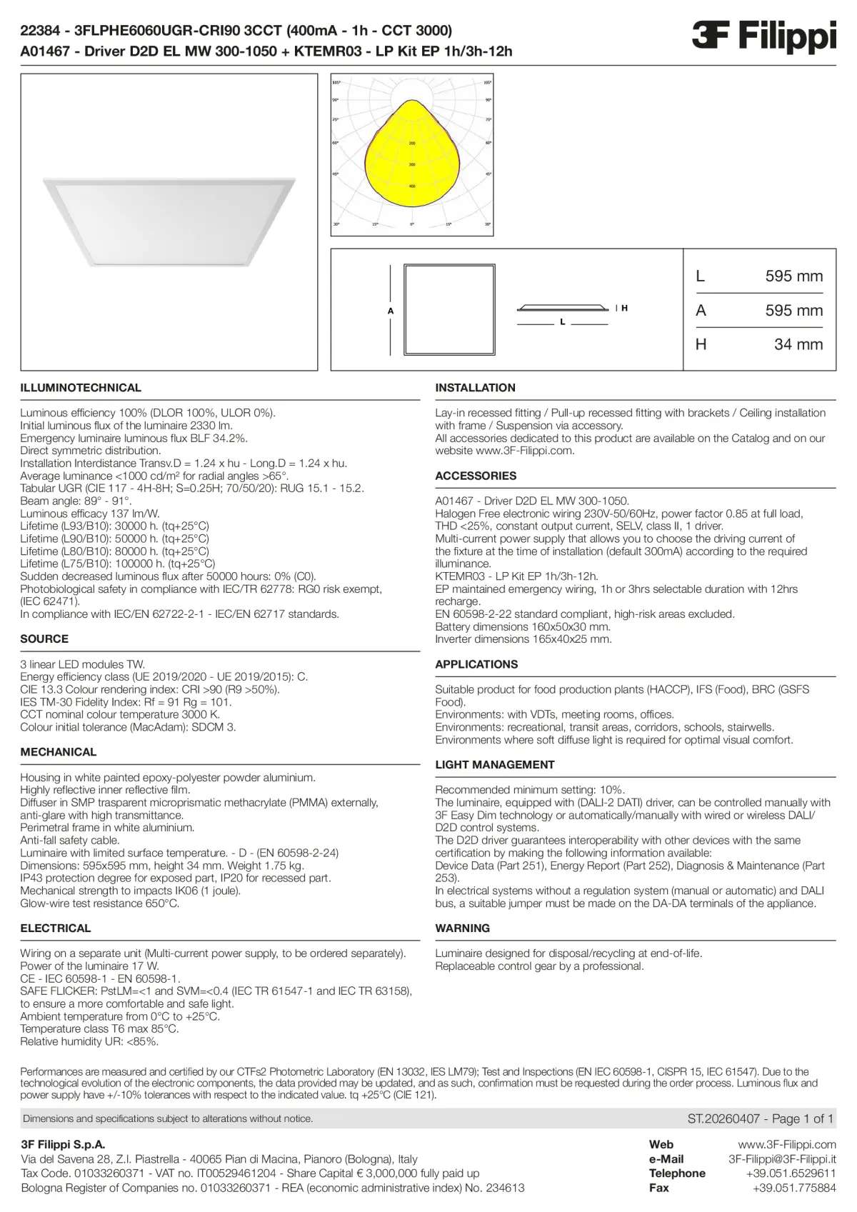 22384+A01467+KTEMR03 - 3FLPHE6060UGR-CRI90 3CCT (400mA - 1h - CCT 3000) + D2D EL MW 300-1050 + Kit EP 1h-3h - Datasheet - en