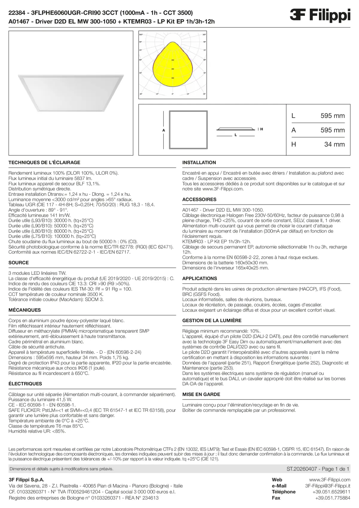 22384+A01467+KTEMR03 - 3FLPHE6060UGR-CRI90 3CCT (1000mA - 1h - CCT 3500) + D2D EL MW 300-1050 + Kit EP 1h-3h - Datasheet - fr