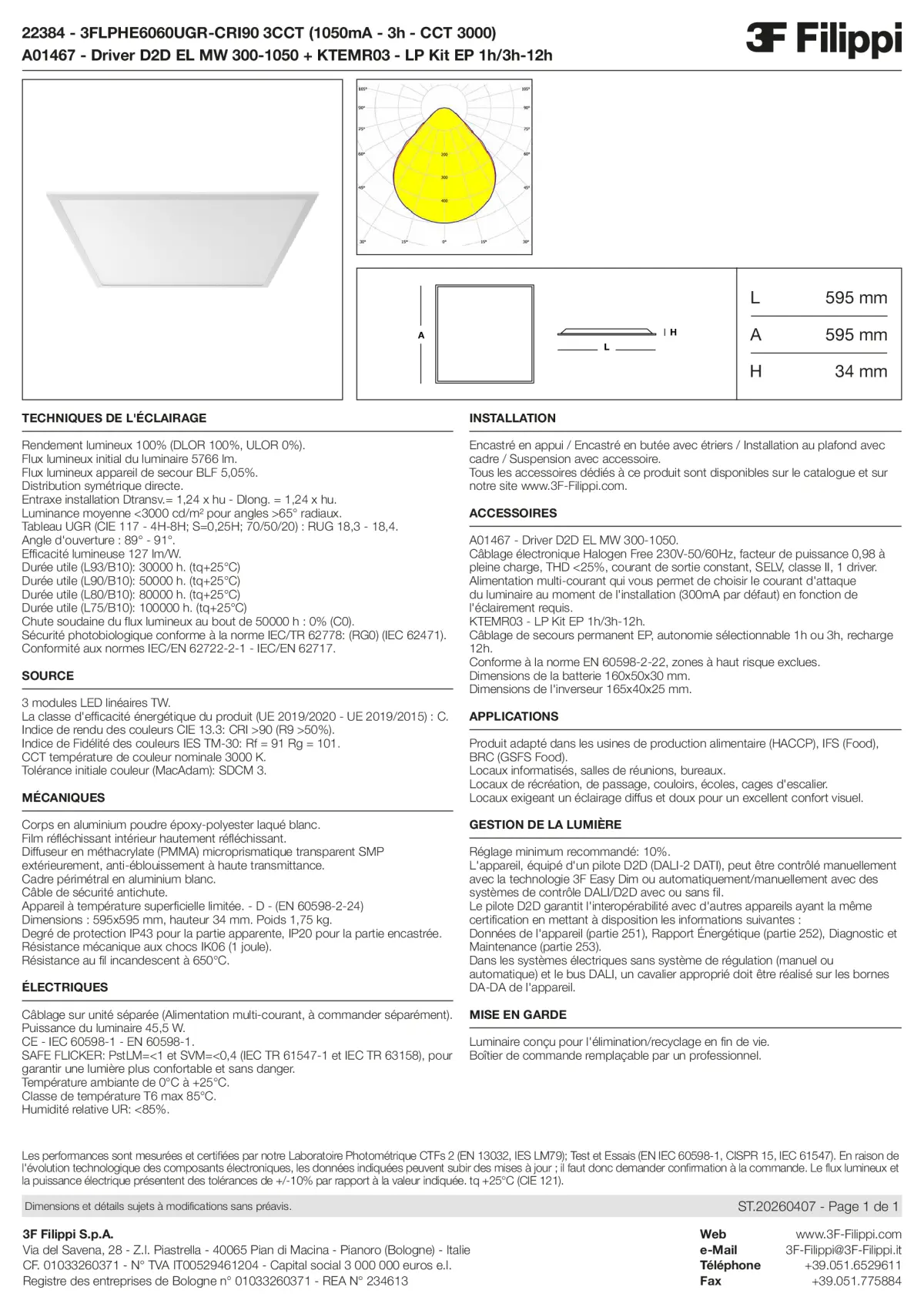 22384+A01467+KTEMR03 - 3FLPHE6060UGR-CRI90 3CCT (1050mA - 3h - CCT 3000) + D2D EL MW 300-1050 + Kit EP 1h-3h - Datasheet - fr