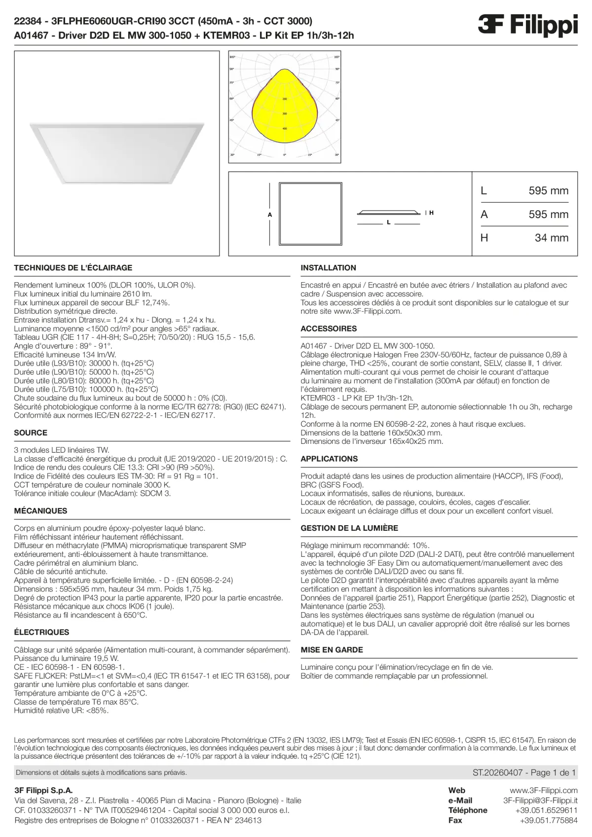 22384+A01467+KTEMR03 - 3FLPHE6060UGR-CRI90 3CCT (450mA - 3h - CCT 3000) + D2D EL MW 300-1050 + Kit EP 1h-3h - Datasheet - fr