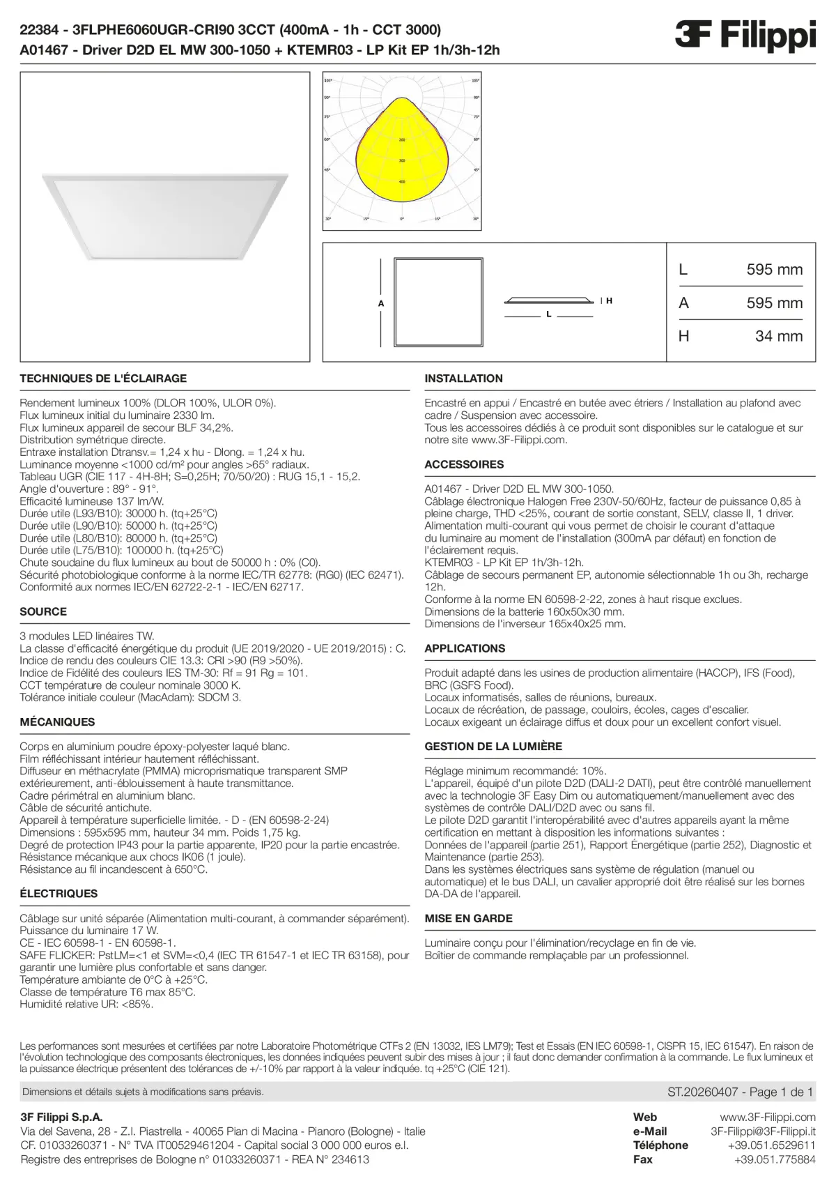 22384+A01467+KTEMR03 - 3FLPHE6060UGR-CRI90 3CCT (400mA - 1h - CCT 3000) + D2D EL MW 300-1050 + Kit EP 1h-3h - Datasheet - fr