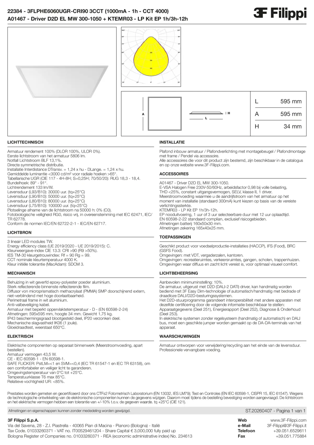 22384+A01467+KTEMR03 - 3FLPHE6060UGR-CRI90 3CCT (1000mA - 1h - CCT 4000) + D2D EL MW 300-1050 + Kit EP 1h-3h - Datasheet - nl