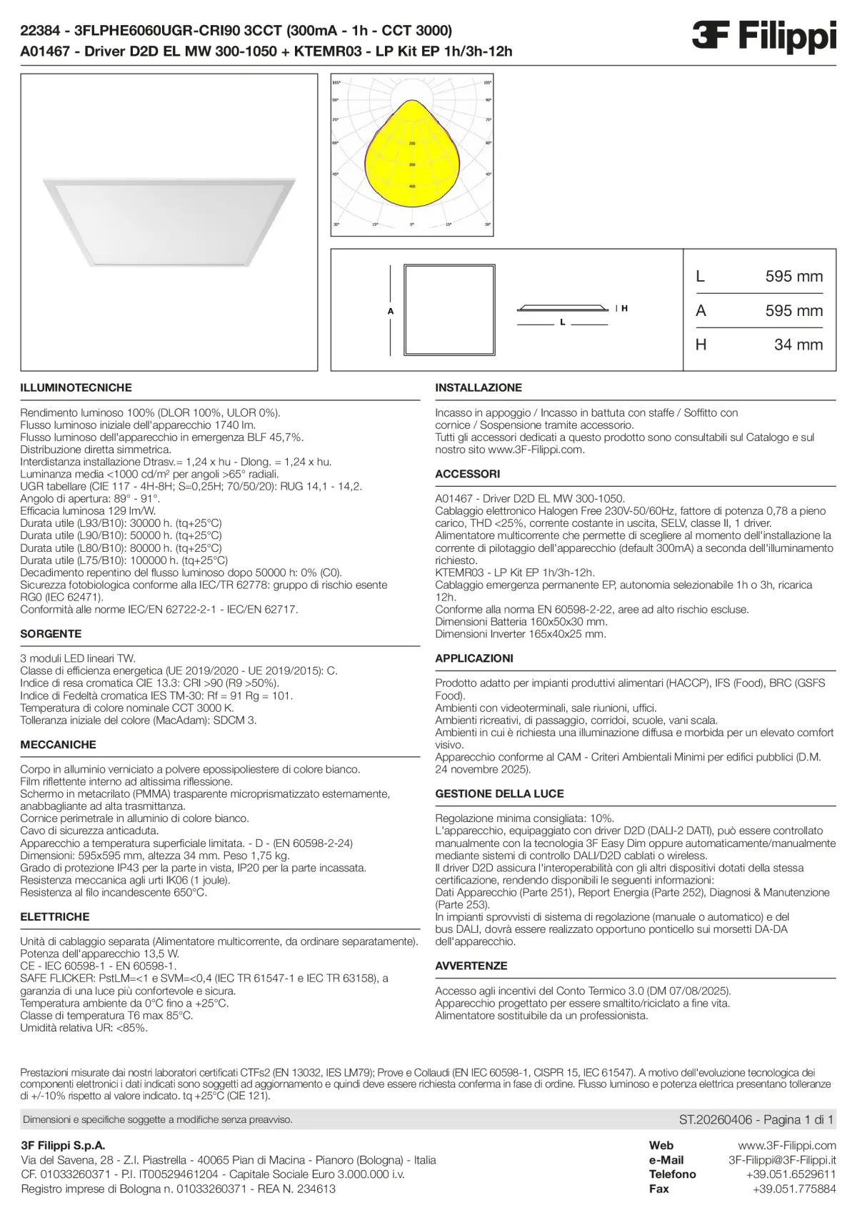 22384+A01467+KTEMR03 - 3FLPHE6060UGR-CRI90 3CCT (300mA - 1h - CCT 3000) + D2D EL MW 300-1050 + Kit EP 1h-3h - Datasheet - it
