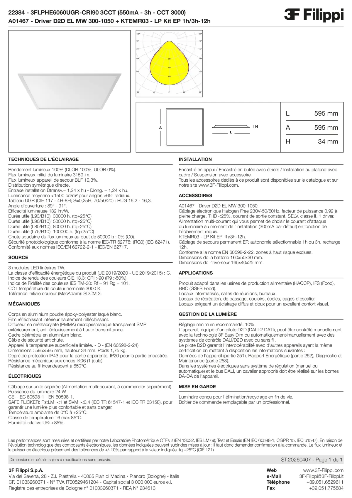 22384+A01467+KTEMR03 - 3FLPHE6060UGR-CRI90 3CCT (550mA - 3h - CCT 3000) + D2D EL MW 300-1050 + Kit EP 1h-3h - Datasheet - fr