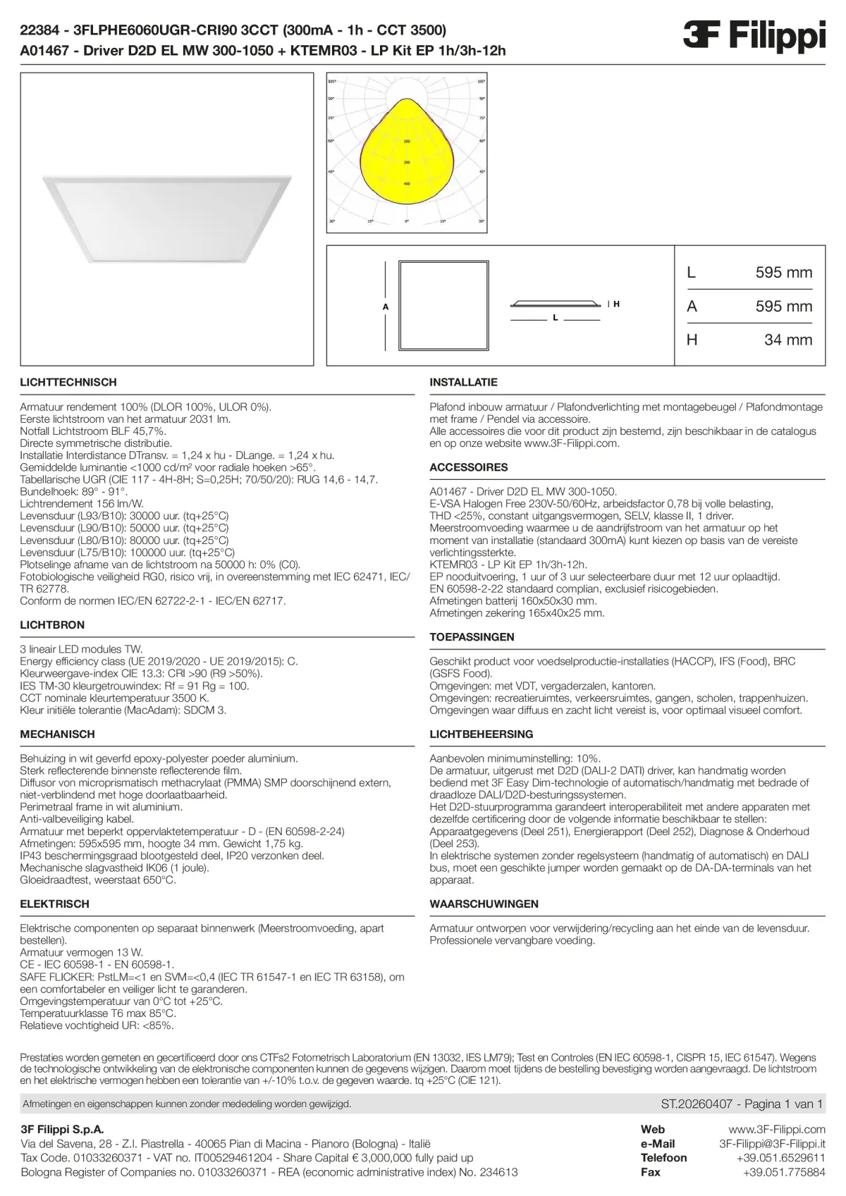 22384+A01467+KTEMR03 - 3FLPHE6060UGR-CRI90 3CCT (300mA - 1h - CCT 3500) + D2D EL MW 300-1050 + Kit EP 1h-3h - Datasheet - nl