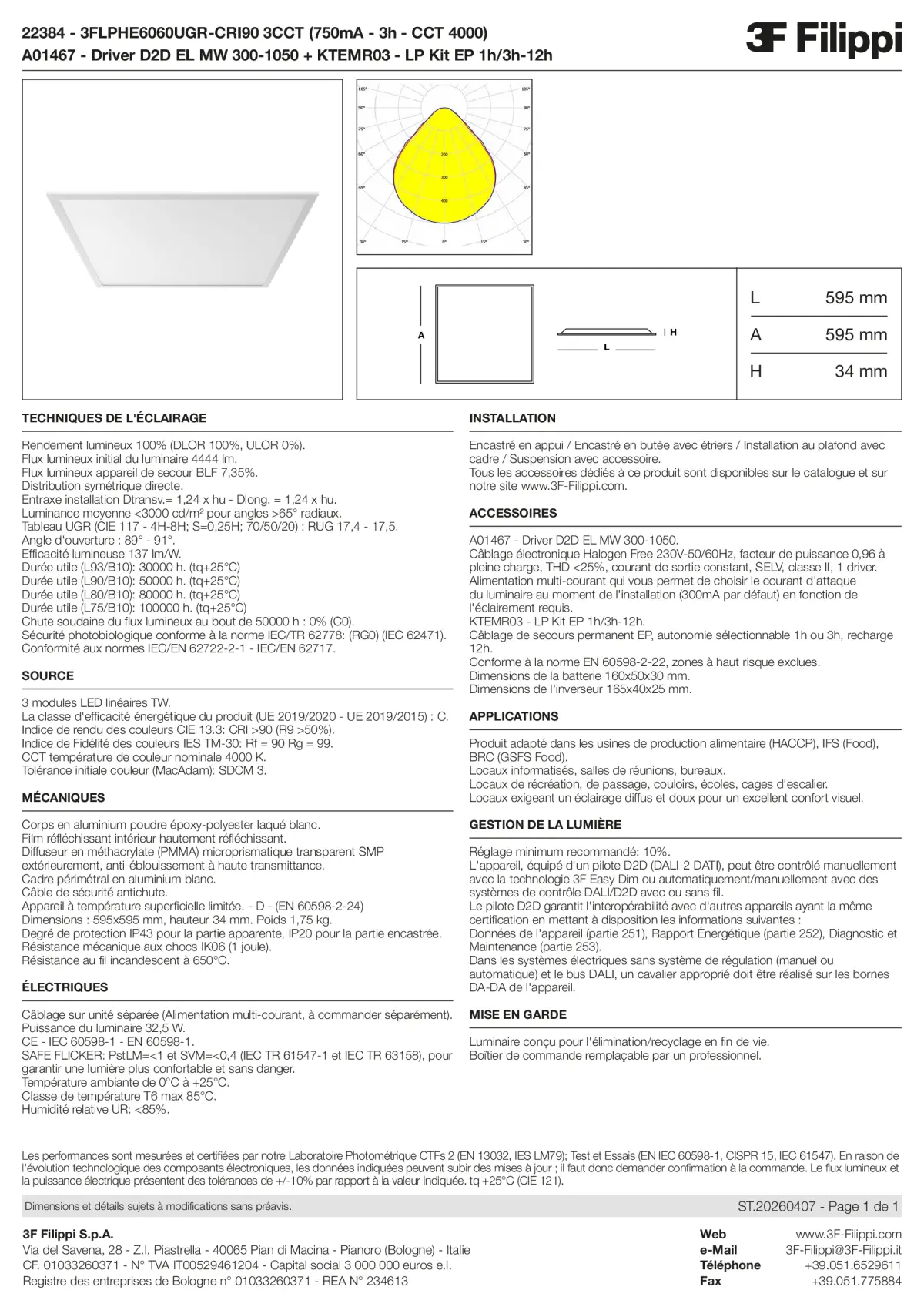 22384+A01467+KTEMR03 - 3FLPHE6060UGR-CRI90 3CCT (750mA - 3h - CCT 4000) + D2D EL MW 300-1050 + Kit EP 1h-3h - Datasheet - fr
