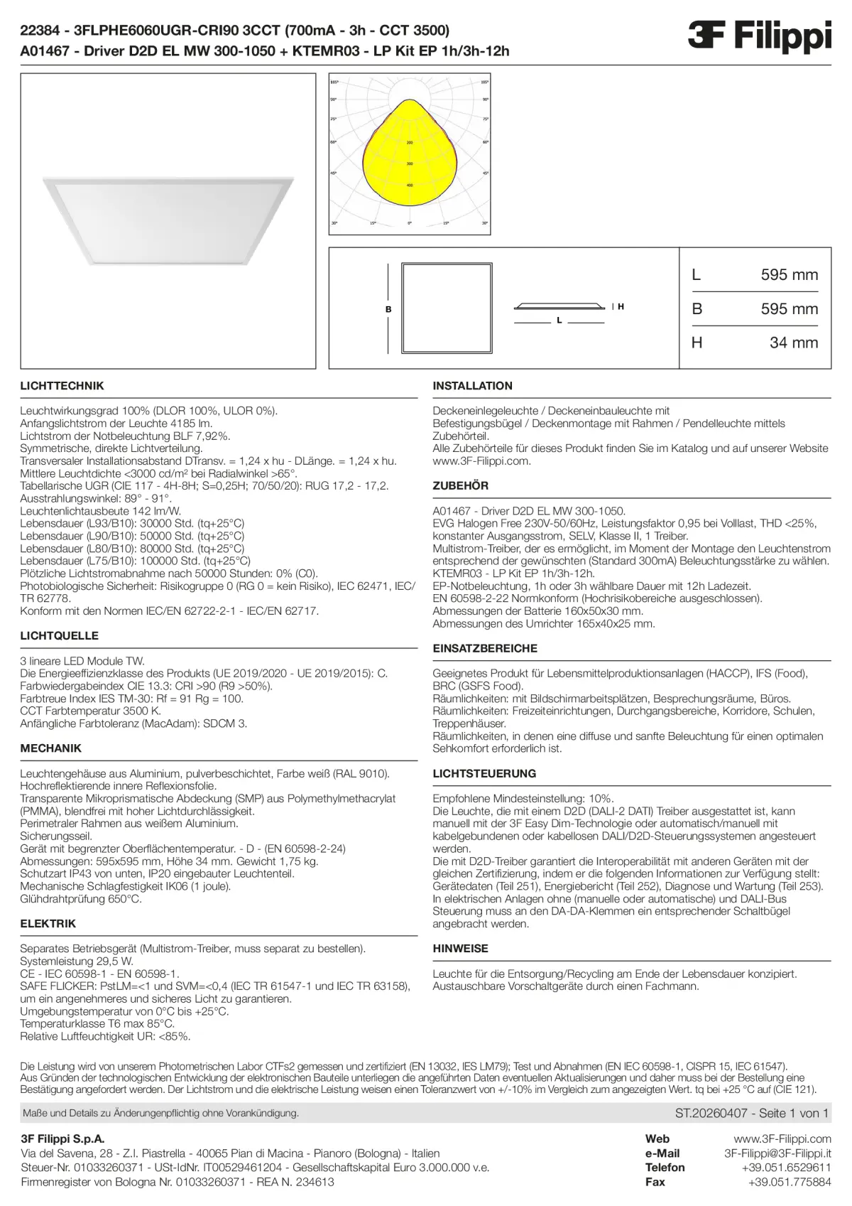 22384+A01467+KTEMR03 - 3FLPHE6060UGR-CRI90 3CCT (700mA - 3h - CCT 3500) + D2D EL MW 300-1050 + Kit EP 1h-3h - Datasheet - de