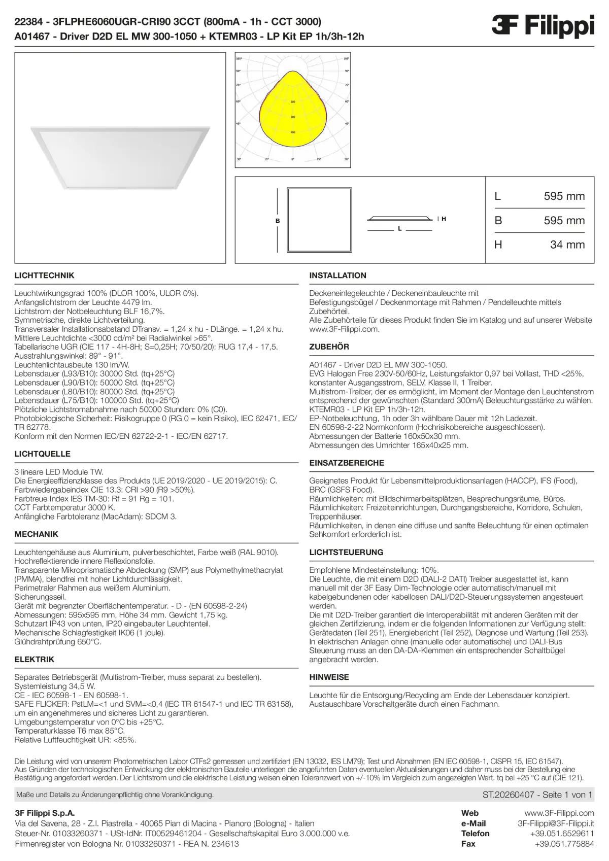 22384+A01467+KTEMR03 - 3FLPHE6060UGR-CRI90 3CCT (800mA - 1h - CCT 3000) + D2D EL MW 300-1050 + Kit EP 1h-3h - Datasheet - de
