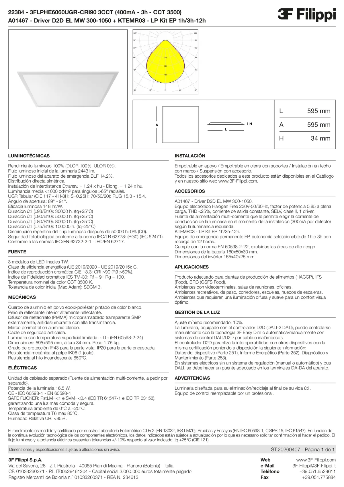 22384+A01467+KTEMR03 - 3FLPHE6060UGR-CRI90 3CCT (400mA - 3h - CCT 3500) + D2D EL MW 300-1050 + Kit EP 1h-3h - Datasheet - es