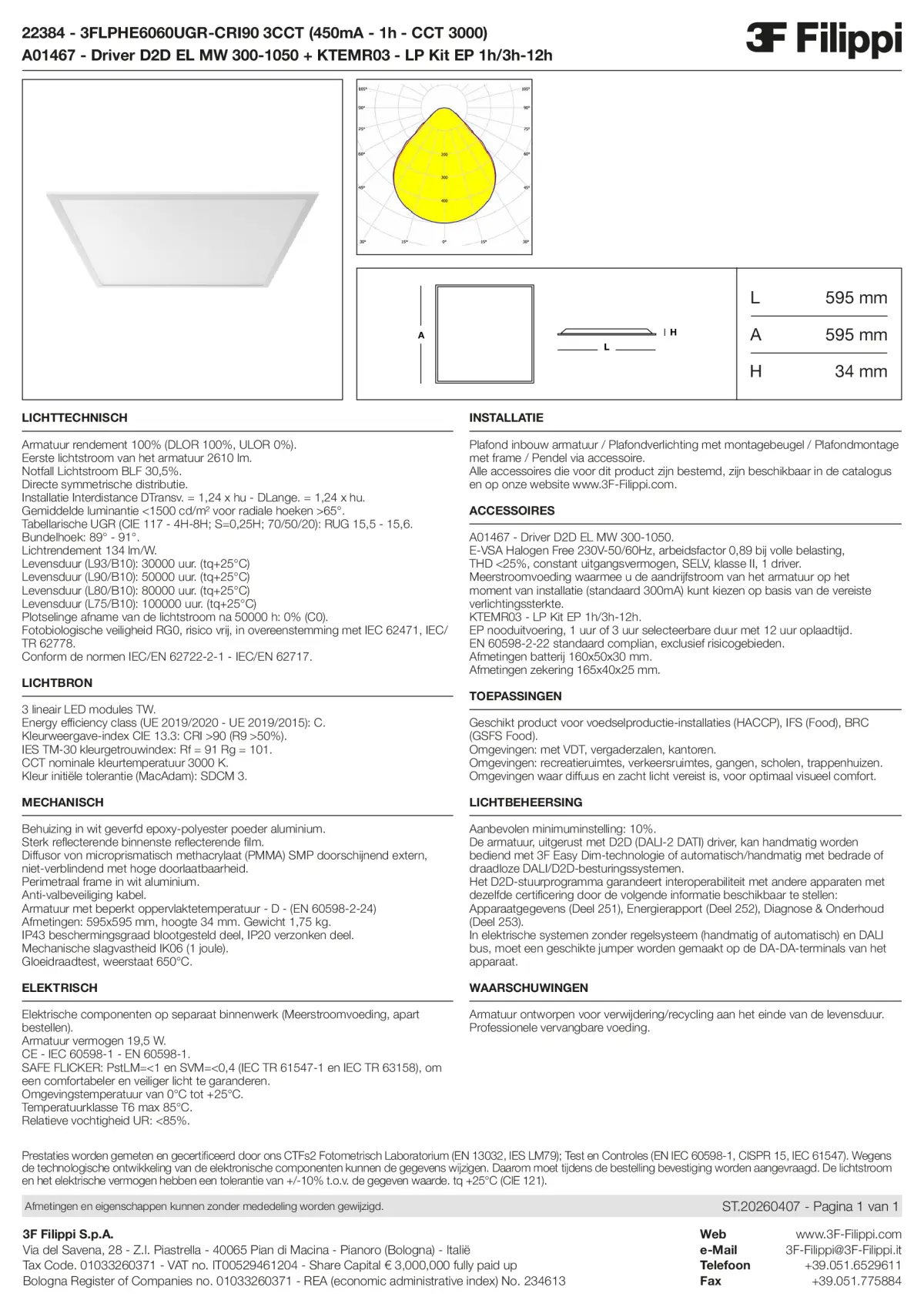 22384+A01467+KTEMR03 - 3FLPHE6060UGR-CRI90 3CCT (450mA - 1h - CCT 3000) + D2D EL MW 300-1050 + Kit EP 1h-3h - Datasheet - nl