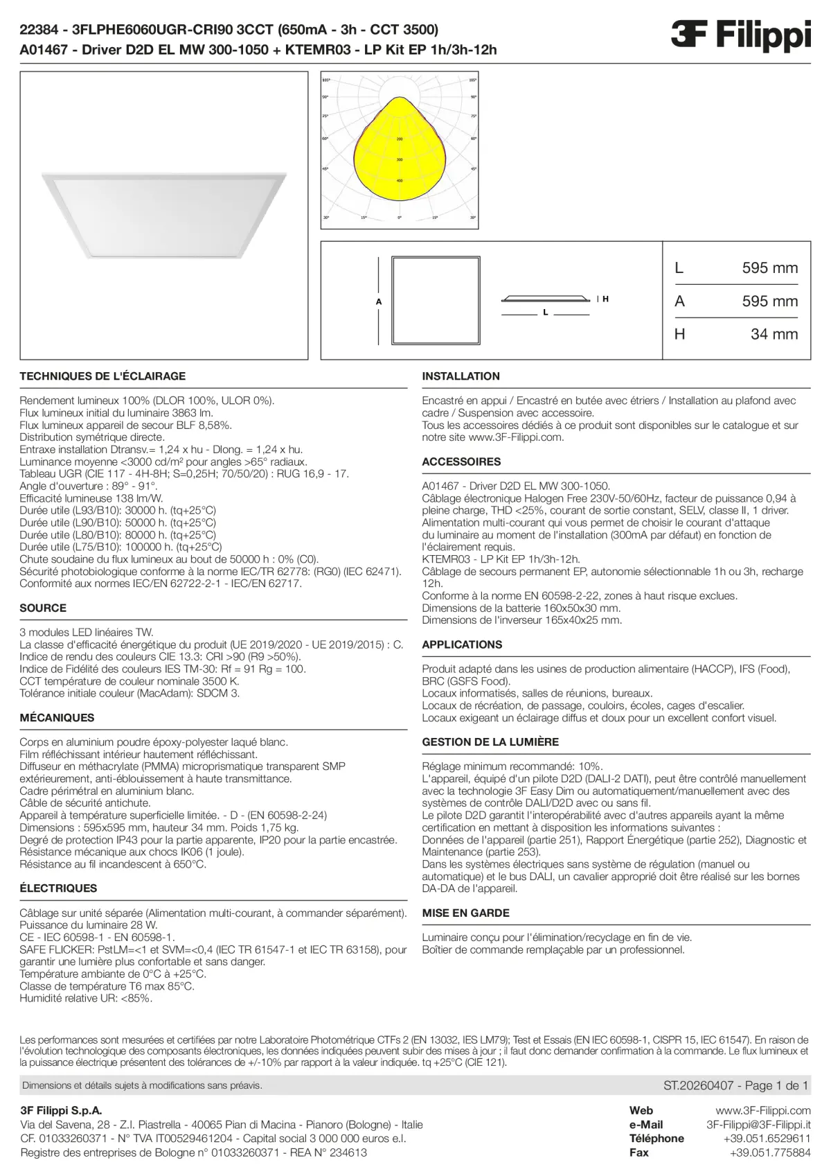 22384+A01467+KTEMR03 - 3FLPHE6060UGR-CRI90 3CCT (650mA - 3h - CCT 3500) + D2D EL MW 300-1050 + Kit EP 1h-3h - Datasheet - fr