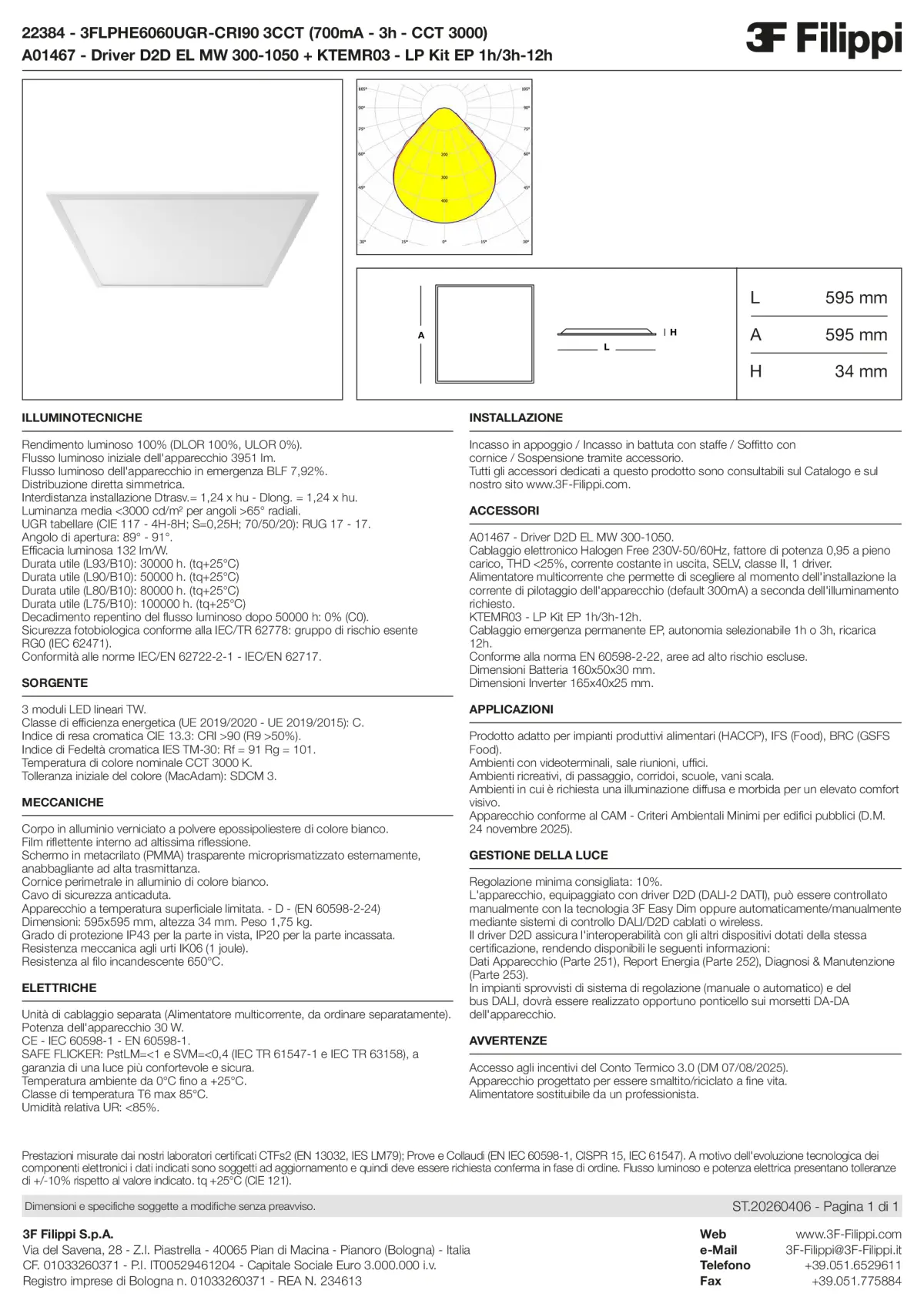 22384+A01467+KTEMR03 - 3FLPHE6060UGR-CRI90 3CCT (700mA - 3h - CCT 3000) + D2D EL MW 300-1050 + Kit EP 1h-3h - Datasheet - it