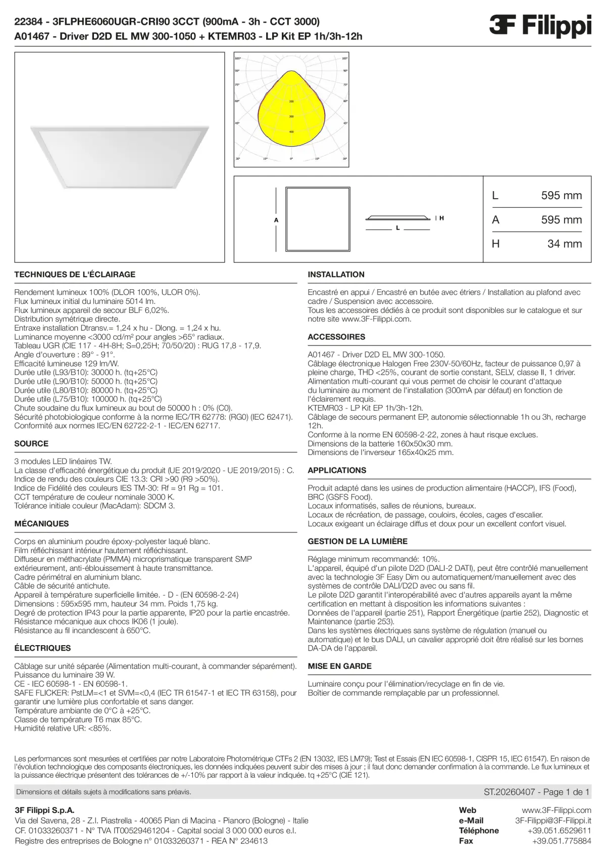 22384+A01467+KTEMR03 - 3FLPHE6060UGR-CRI90 3CCT (900mA - 3h - CCT 3000) + D2D EL MW 300-1050 + Kit EP 1h-3h - Datasheet - fr