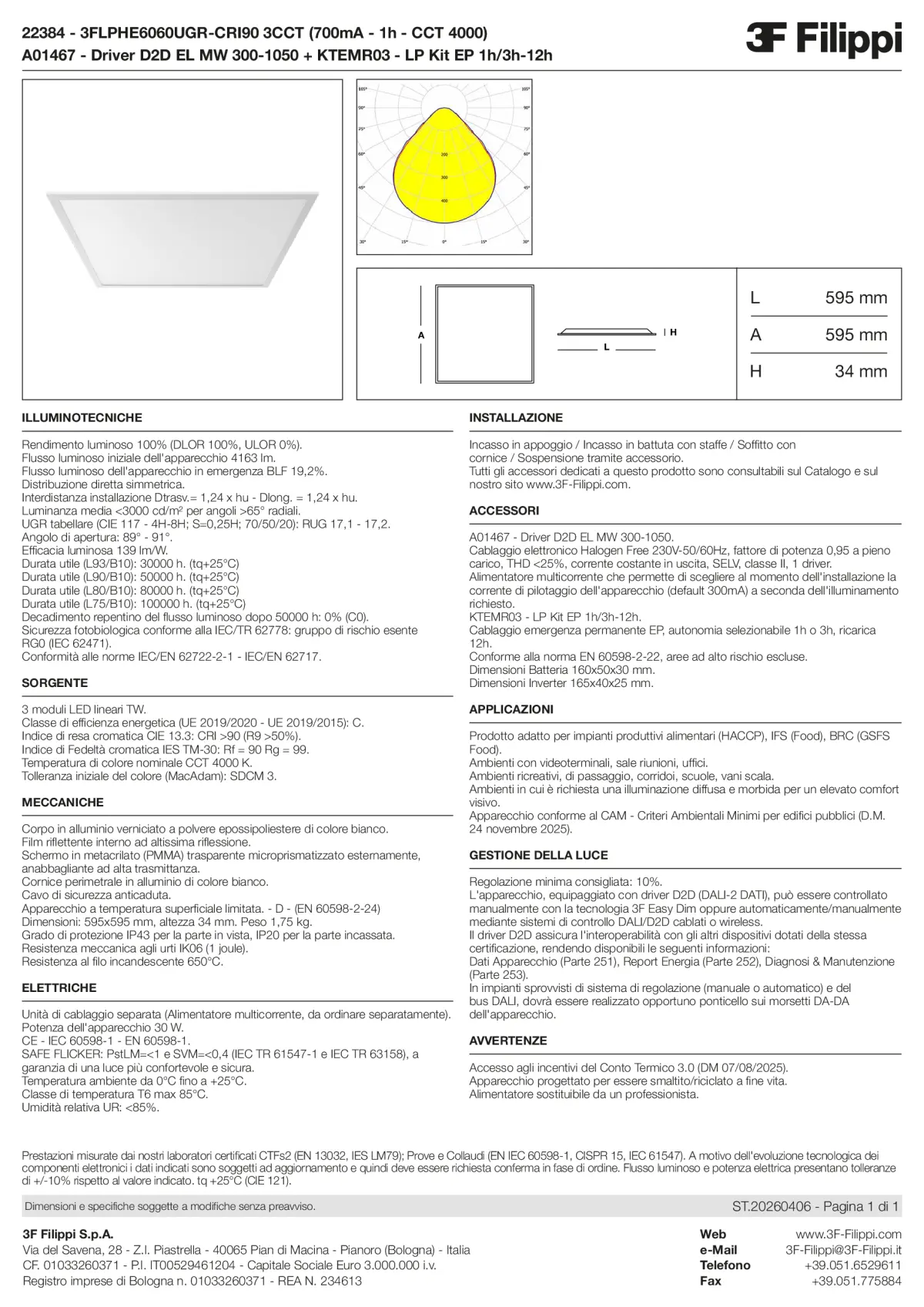 22384+A01467+KTEMR03 - 3FLPHE6060UGR-CRI90 3CCT (700mA - 1h - CCT 4000) + D2D EL MW 300-1050 + Kit EP 1h-3h - Datasheet - it