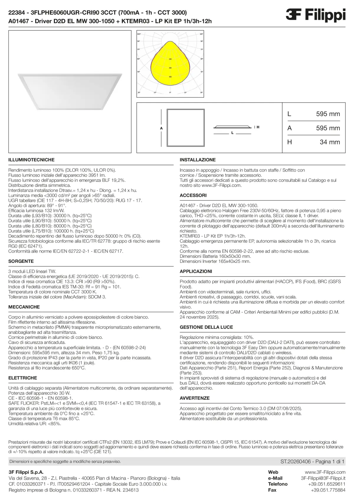 22384+A01467+KTEMR03 - 3FLPHE6060UGR-CRI90 3CCT (700mA - 1h - CCT 3000) + D2D EL MW 300-1050 + Kit EP 1h-3h - Datasheet - it
