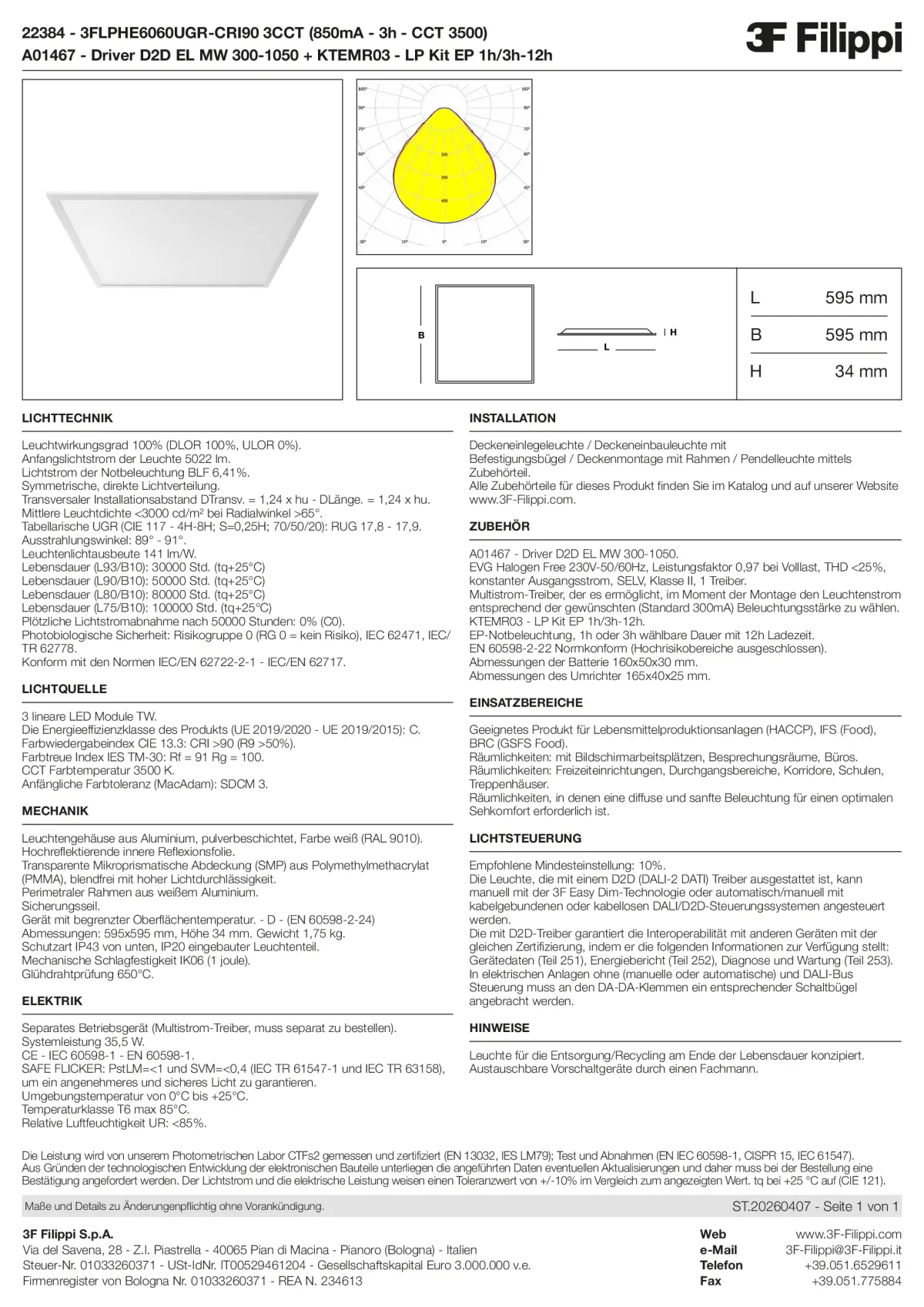 22384+A01467+KTEMR03 - 3FLPHE6060UGR-CRI90 3CCT (850mA - 3h - CCT 3500) + D2D EL MW 300-1050 + Kit EP 1h-3h - Datasheet - de