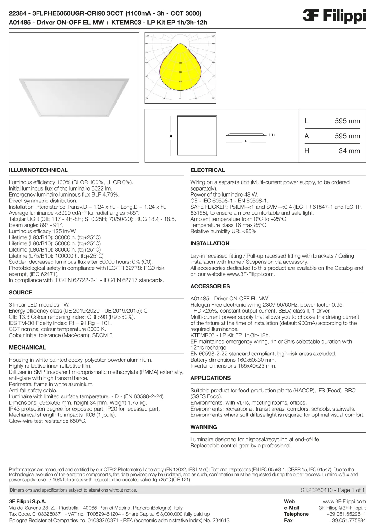 22384+A01485+KTEMR03 - 3FLPHE6060UGR-CRI90 3CCT (1100mA - 3h - CCT 3000) + ON-OFF EL MW + Kit EP 1h-3h - Datasheet - en