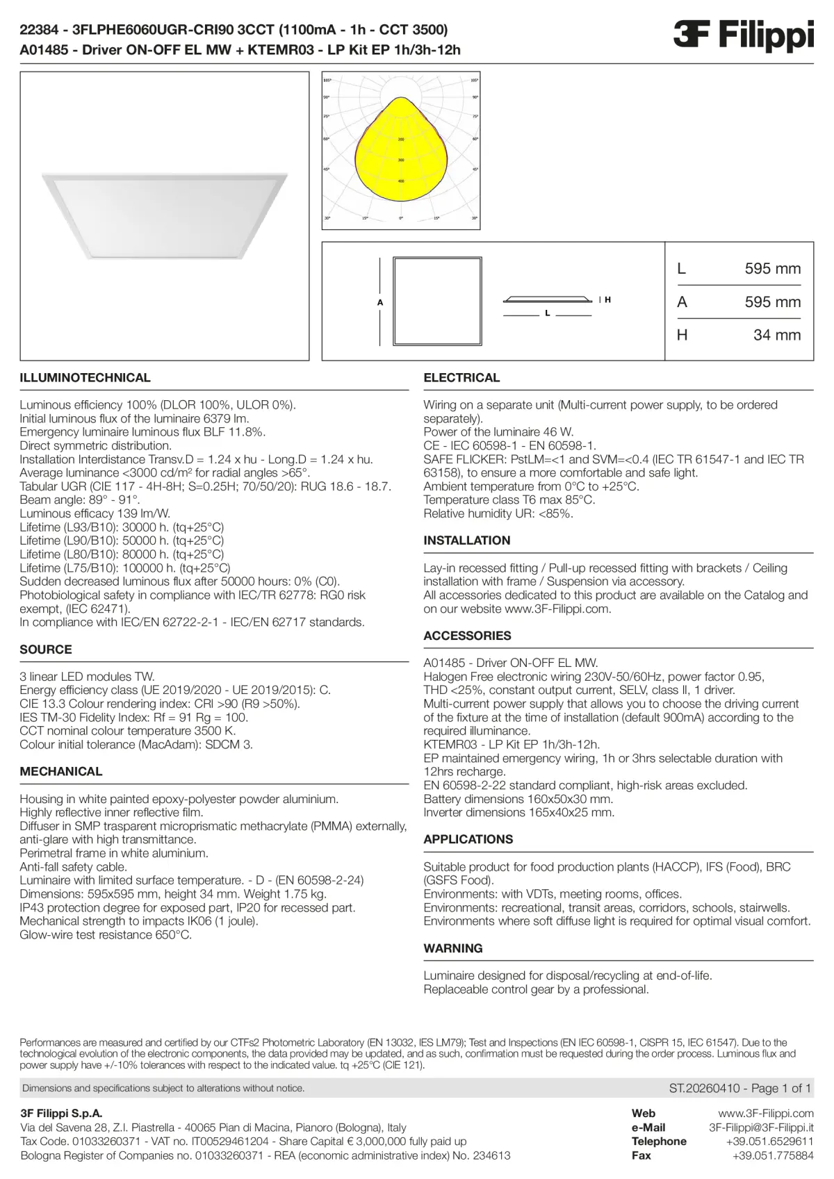 22384+A01485+KTEMR03 - 3FLPHE6060UGR-CRI90 3CCT (1100mA - 1h - CCT 3500) + ON-OFF EL MW + Kit EP 1h-3h - Datasheet - en