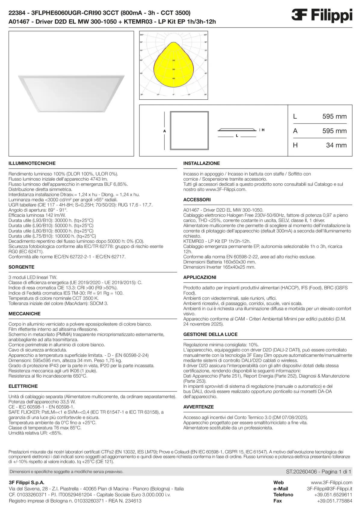 22384+A01467+KTEMR03 - 3FLPHE6060UGR-CRI90 3CCT (800mA - 3h - CCT 3500) + D2D EL MW 300-1050 + Kit EP 1h-3h - Datasheet - it