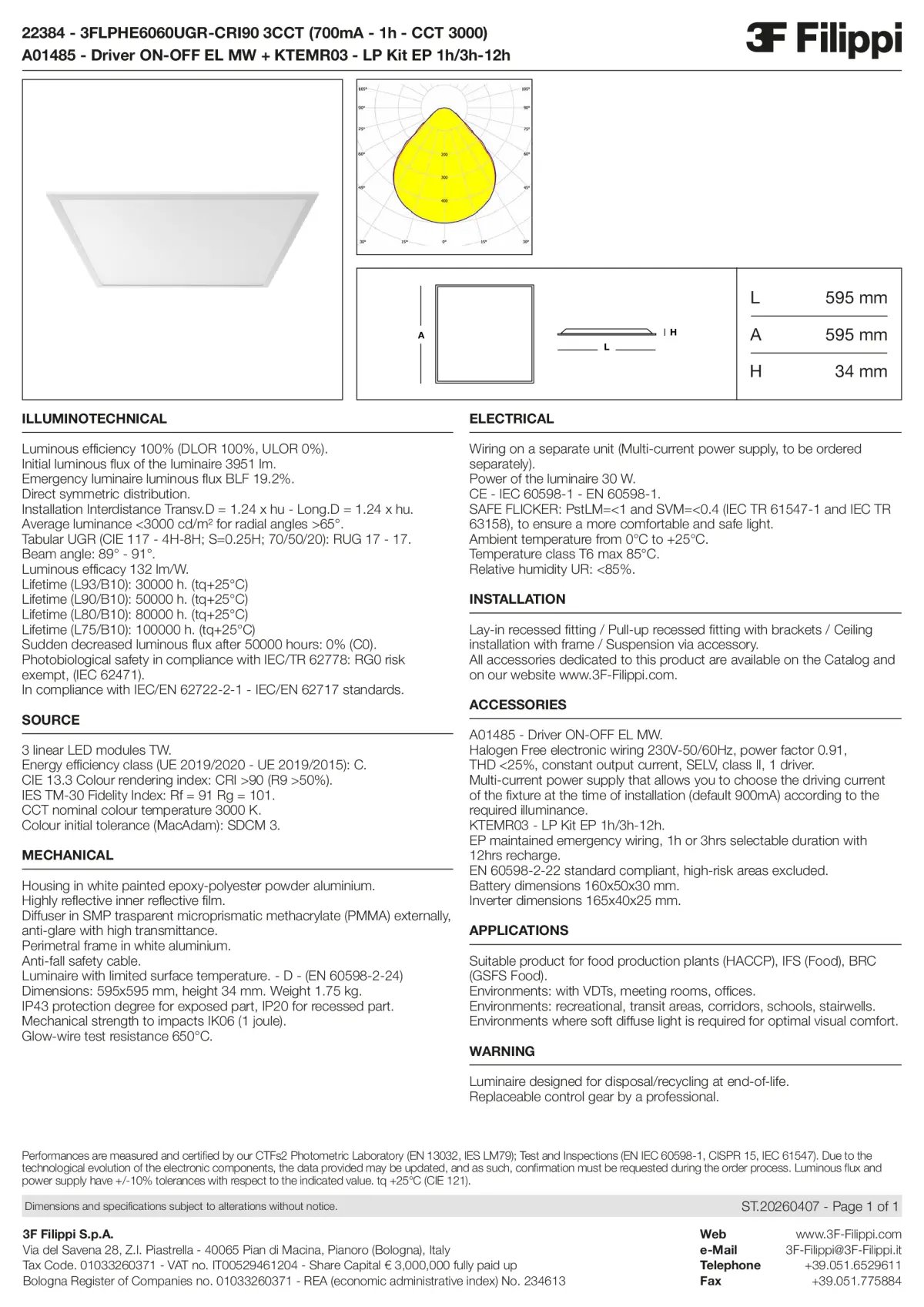 22384+A01485+KTEMR03 - 3FLPHE6060UGR-CRI90 3CCT (700mA - 1h - CCT 3000) + ON-OFF EL MW + Kit EP 1h-3h - Datasheet - en