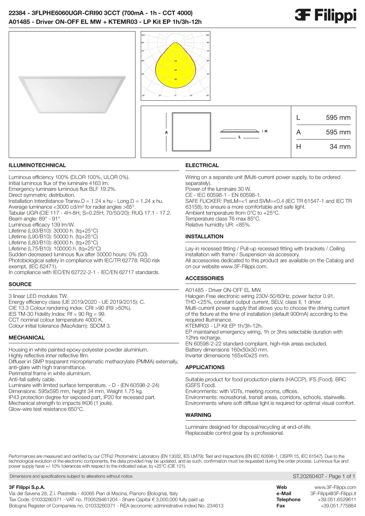 22384+A01485+KTEMR03 - 3FLPHE6060UGR-CRI90 3CCT (700mA - 1h - CCT 4000) + ON-OFF EL MW + Kit EP 1h-3h - Datasheet - en
