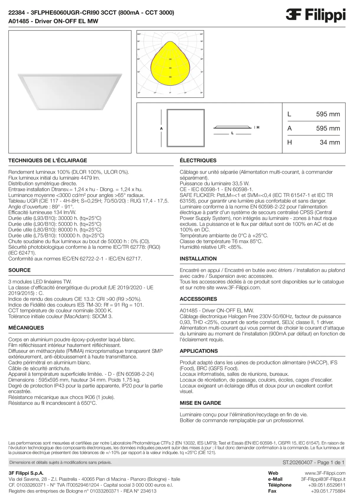 22384+A01485 - 3FLPHE6060UGR-CRI90 3CCT (800mA - CCT 3000) + ON-OFF EL MW - Datasheet - fr