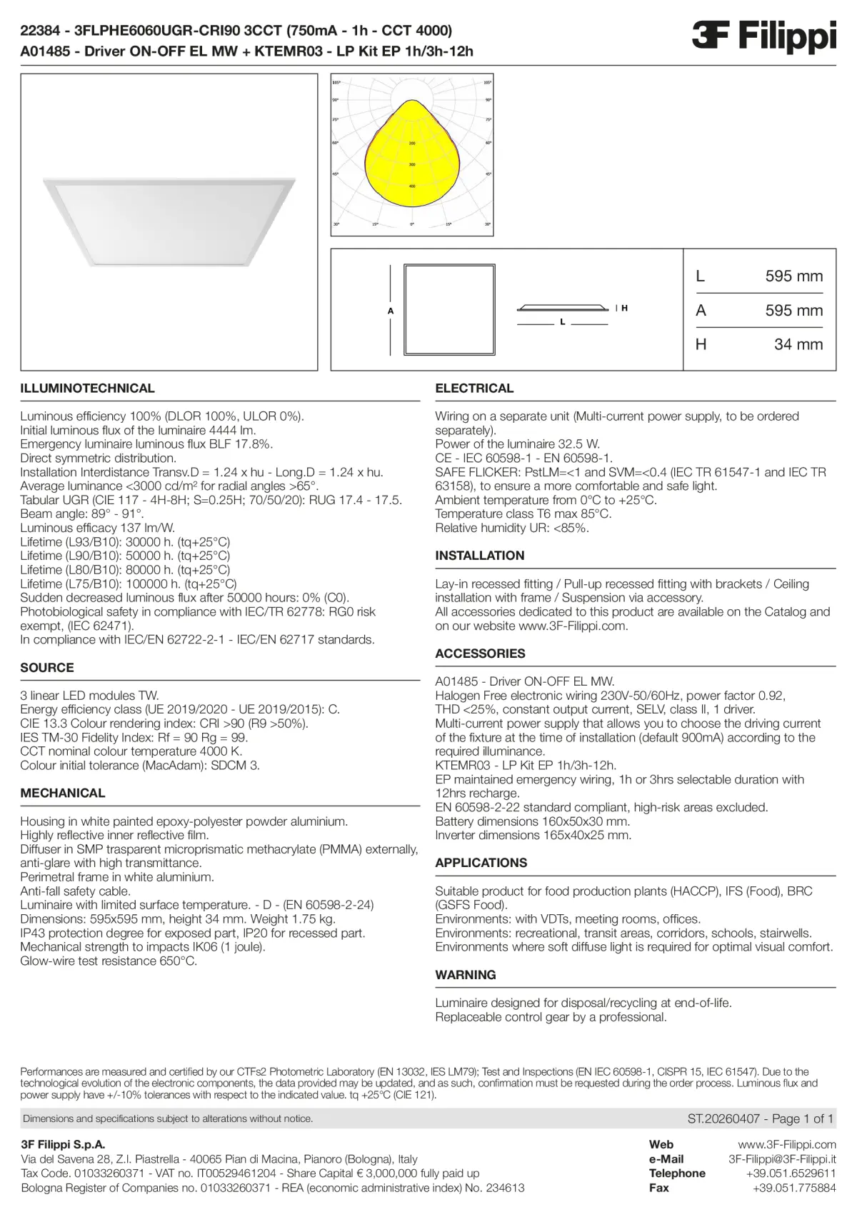 22384+A01485+KTEMR03 - 3FLPHE6060UGR-CRI90 3CCT (750mA - 1h - CCT 4000) + ON-OFF EL MW + Kit EP 1h-3h - Datasheet - en