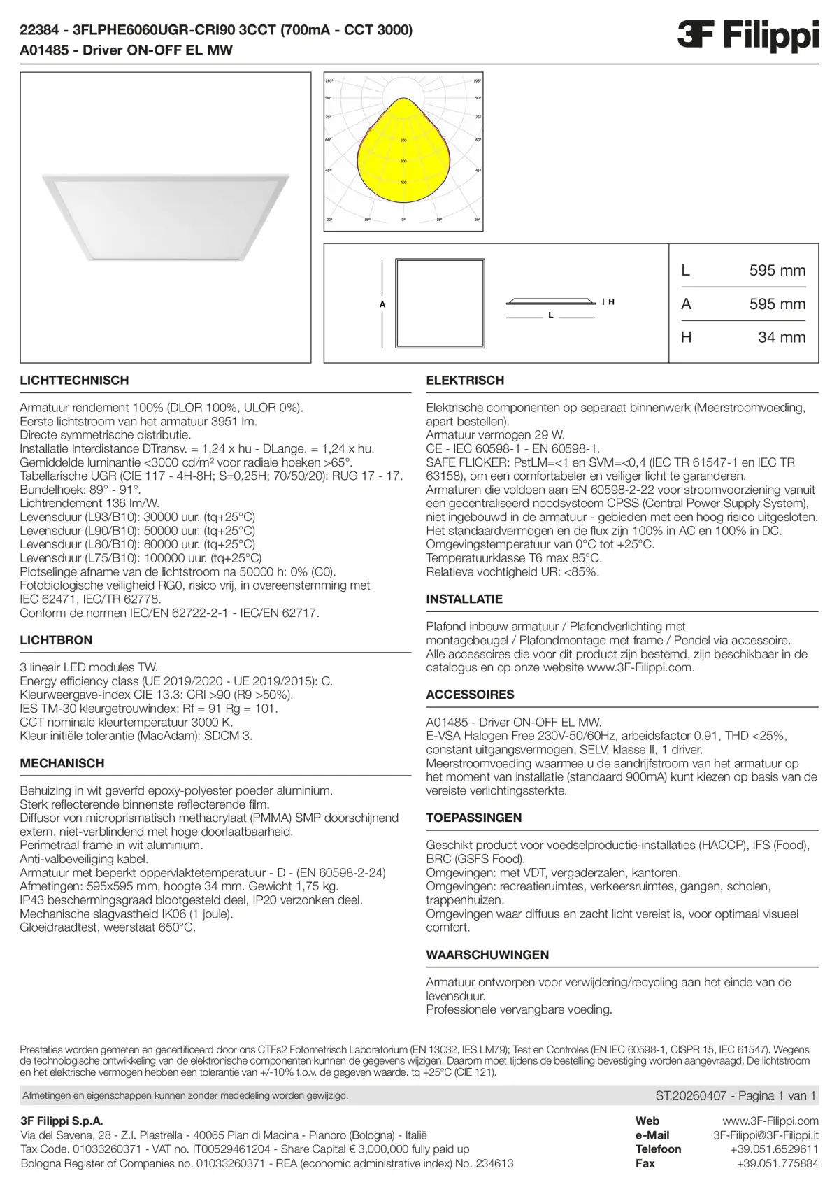 22384+A01485 - 3FLPHE6060UGR-CRI90 3CCT (700mA - CCT 3000) + ON-OFF EL MW - Datasheet - nl