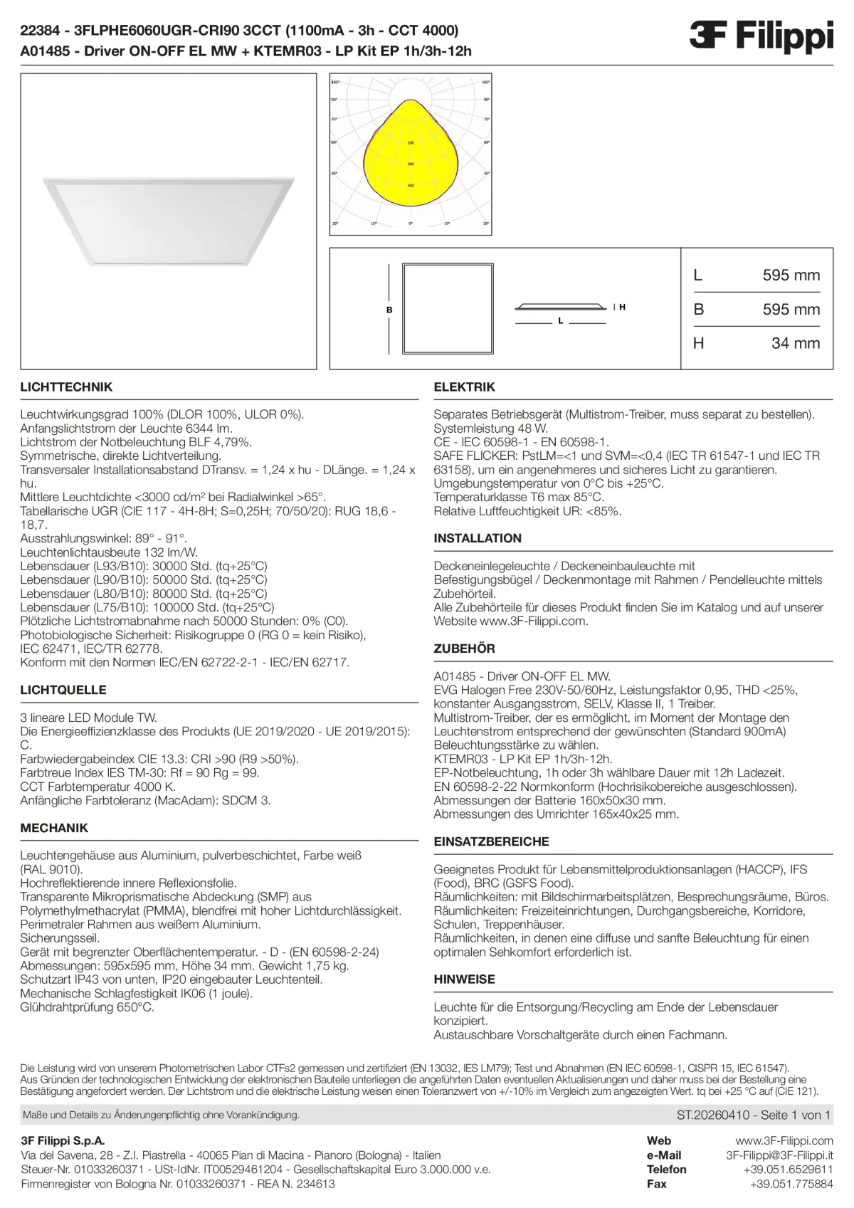 22384+A01485+KTEMR03 - 3FLPHE6060UGR-CRI90 3CCT (1100mA - 3h - CCT 4000) + ON-OFF EL MW + Kit EP 1h-3h - Datasheet - de