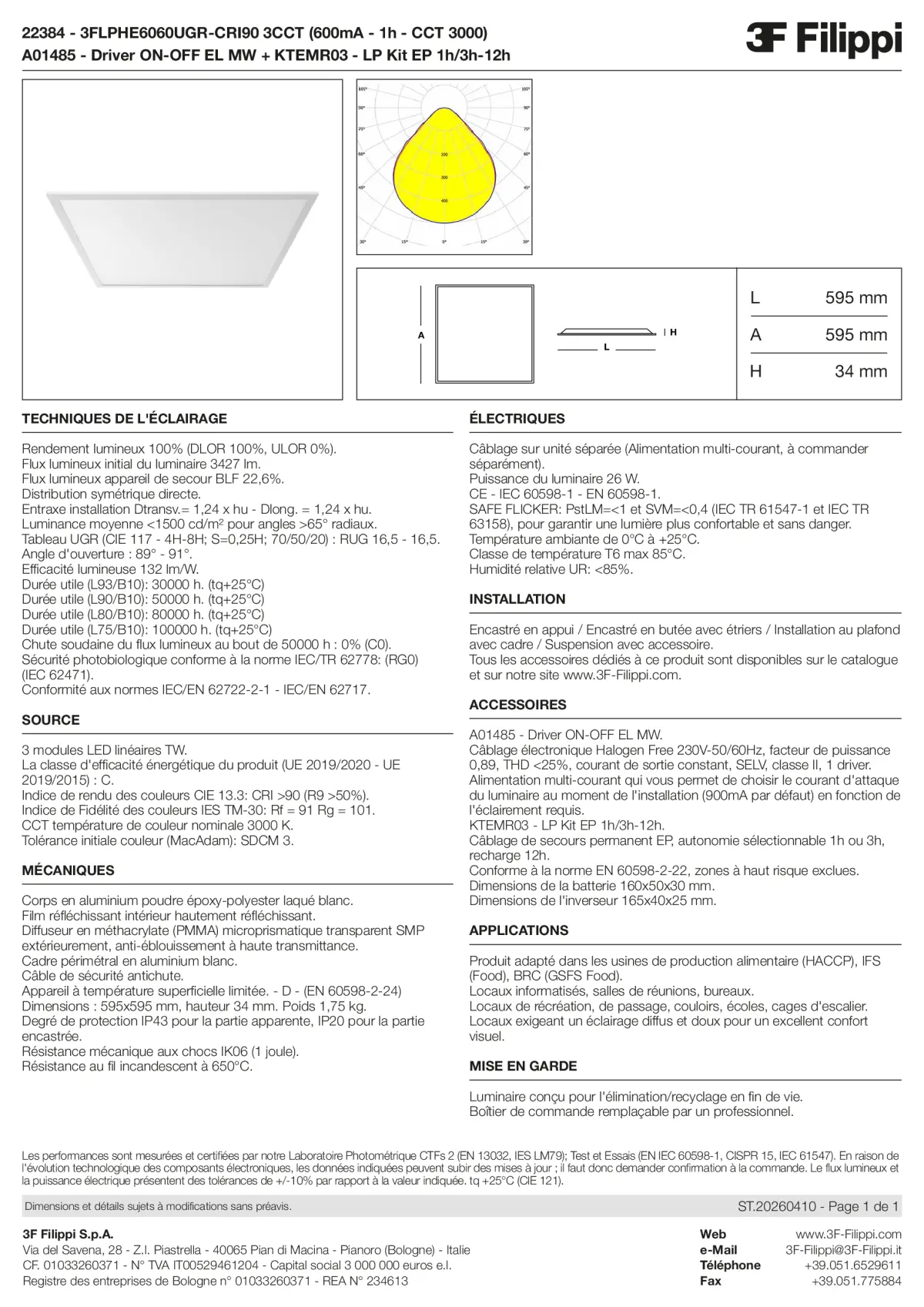 22384+A01485+KTEMR03 - 3FLPHE6060UGR-CRI90 3CCT (600mA - 1h - CCT 3000) + ON-OFF EL MW + Kit EP 1h-3h - Datasheet - fr